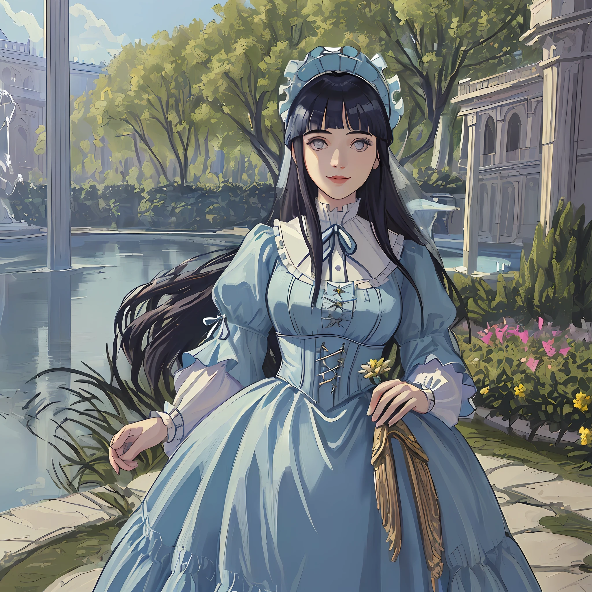 ((((masterpiece)))), (best quality), ((Hyper detailed)), ((High
detail)), ((Exquisite detail)), (1 girl), (solo), (cowboy shot), (looking
at viewer),((outside)), (((antique))), ((palace)), ((garden)), ((fountain)),
(flower), ((mature female)),((victorian dress)), ((medium breasts)),
((bonnet)), (long hair), hinata/(boruto/), dark blue hair, detailed lips, wavy hair, ((solo)), smile