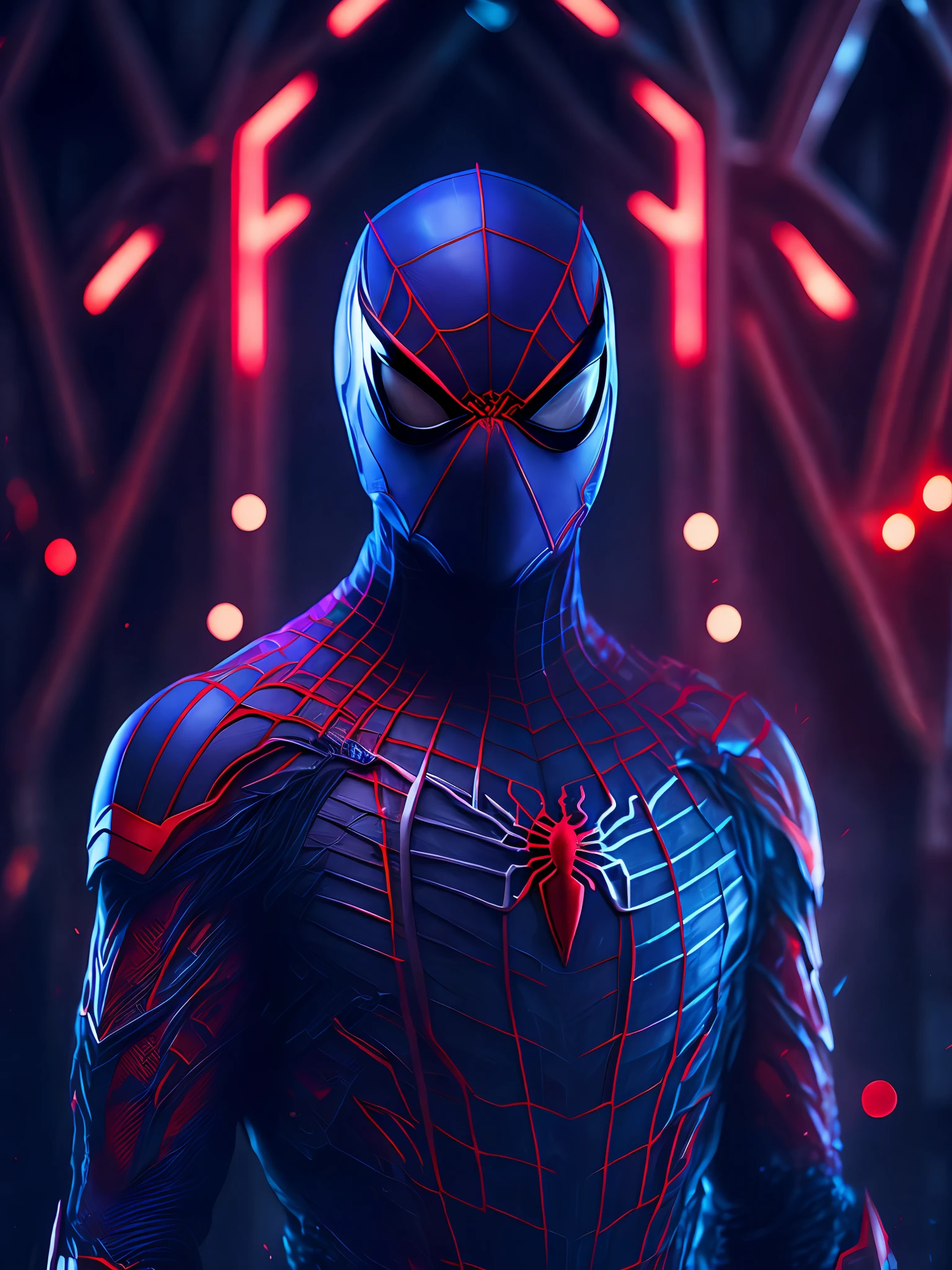 a somber portrait of Burning Spider-Man from Marvel, with intricate angular cybernetic implants inside a brutalist building, a gothic brutalist cathedral, cyberpunk, award-winning photos, bokeh, neon lights, cybernetic limb