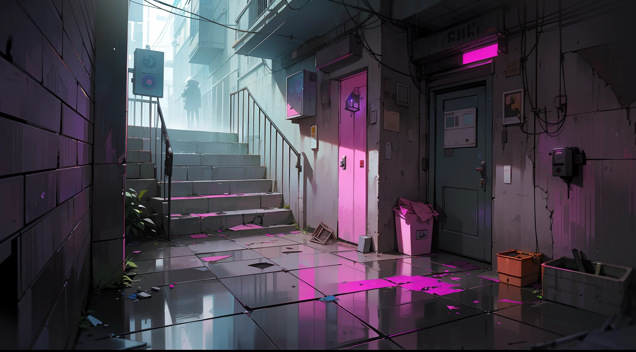 masterpiece,best quality,(futuristic outdoor alley),(suspense environment),(main color: pink), (secondary color: violet) cement stairs, worn walls, cracks, cables, abandoned boxes, garbage and papers on the floor, pipes, light bulbs (volumetric yellow light), window with broken glass, ((dense fog)), dust in the environment, wet floor, light reflections on the floor, very dark night, dark shadows with high contrast