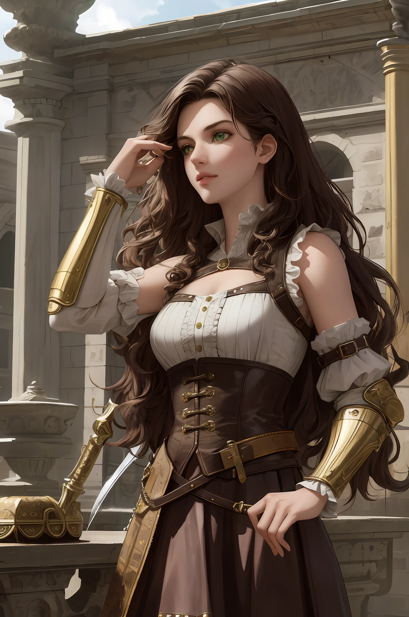 8k, best quality, masterpiece, highly detailed, semi realistic, a girl, a girl, 20 years old, long dark brown hair, curly hair, benches, green eyes, rococo style cut clothes, armor, skirt that falls, short skirt, leather vest, bare shoulders, thin figure, cold expression, beautiful spear, battle scenes, outdoor, medieval background