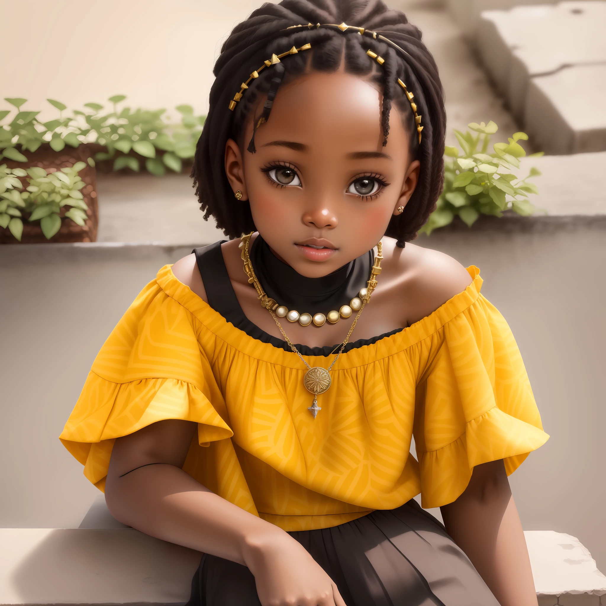 there is a young girl sitting on a ledge with a necklace on, light skinned african young girl, african american girl, black african princess, young girl, brown skinned, kid, super cute funky black girl, black girl, black young woman, cute young girl, 4 old, perfect expression, young black woman, portrait of a cute girl, closeup portrait shot