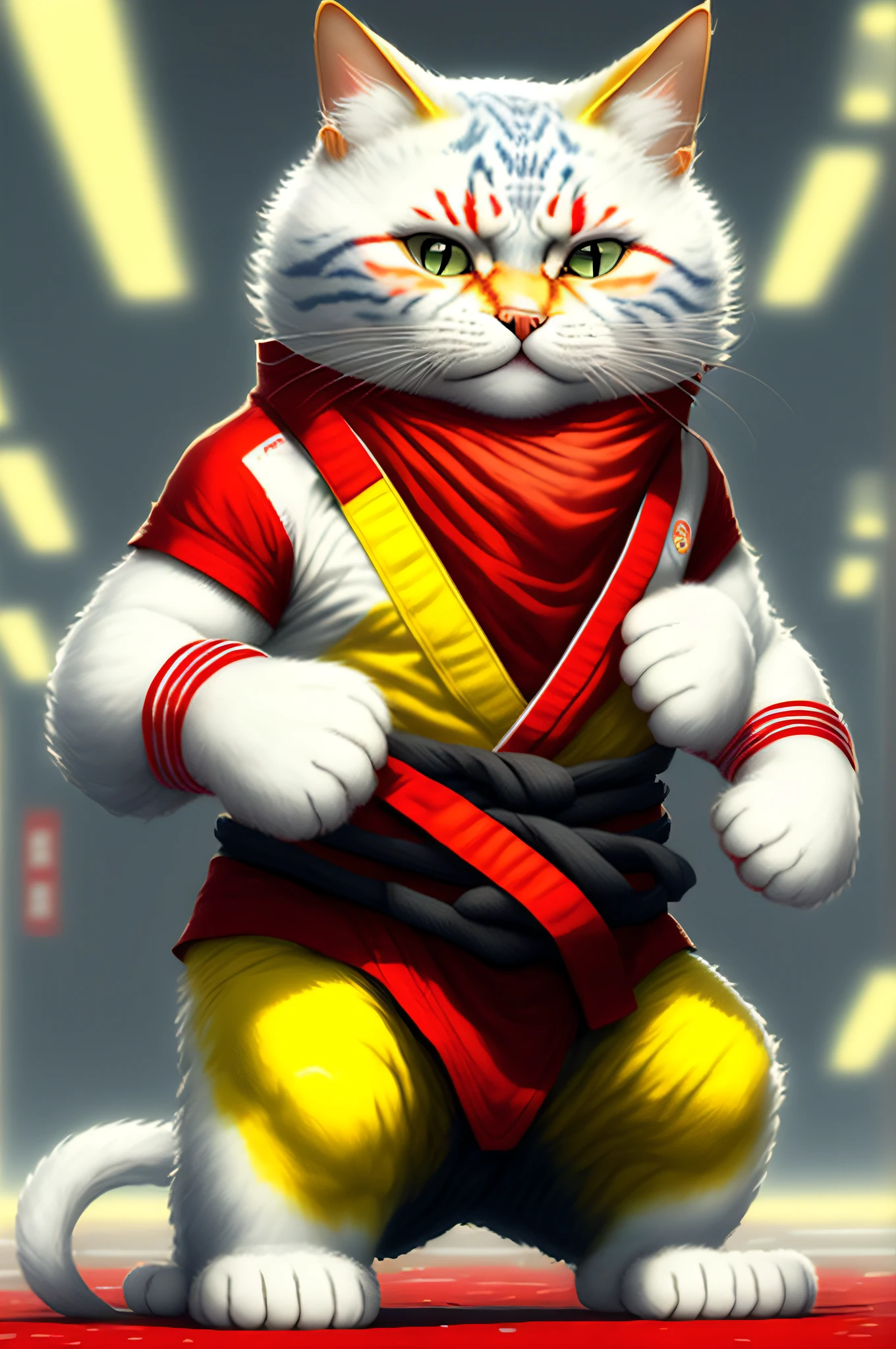 cat, cute, wearing white karate outfit, red bandana, focus energy, street fighter