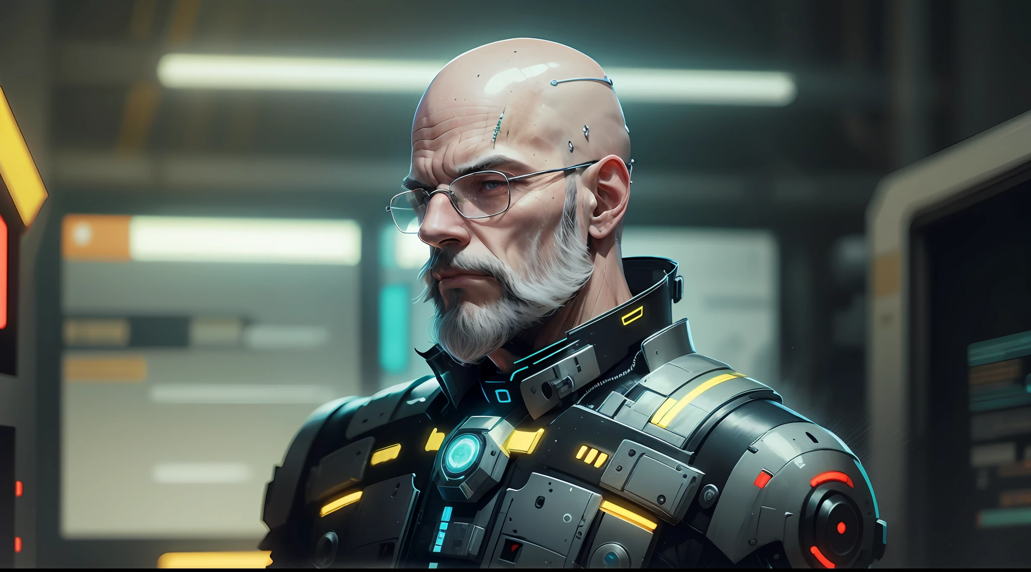 Portuguese BALD MAN, LOW WHITE BEARD, SURROUNDED BY TECHNOLOGICAL SCREENS, WEARING FUTURISTIC CLOTHING, NEON SCRATCHES, DARK BACKGROUND, SIDE LIGHTING --auto --s2