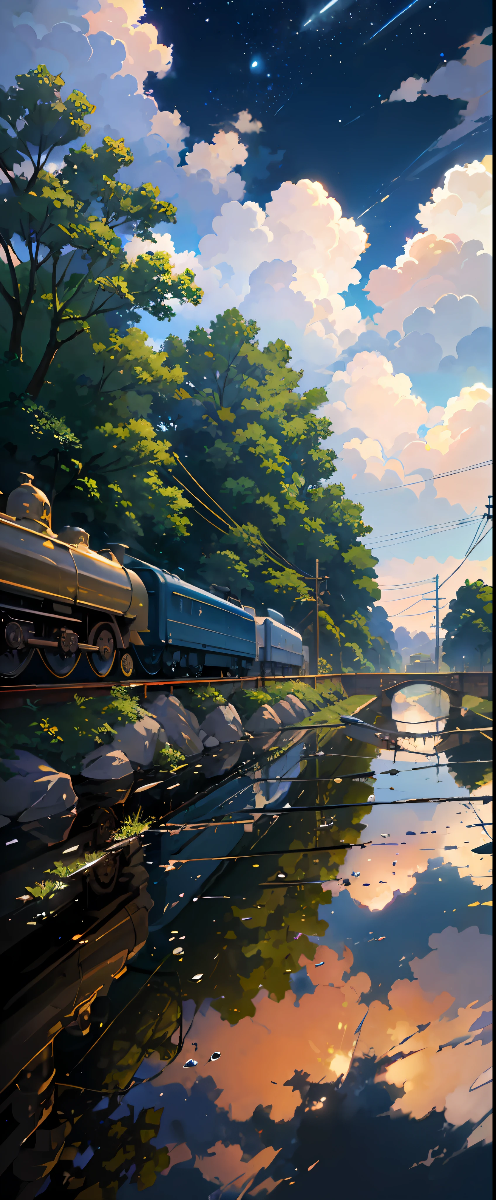 High quality masterpieces, landscapes, clouds, anime train passing water bodies on railway tracks in the distance, bright starry sky. traveler, romantic lights, pixiv, concept art, lofi art style, reflection. Makoto Shinkai, rophy art, beautiful anime scenes, anime scenery, detailed scenery — width 672, Makoto Shinkai's style, Makoto Shinkai's style, enhanced details. --auto --s2