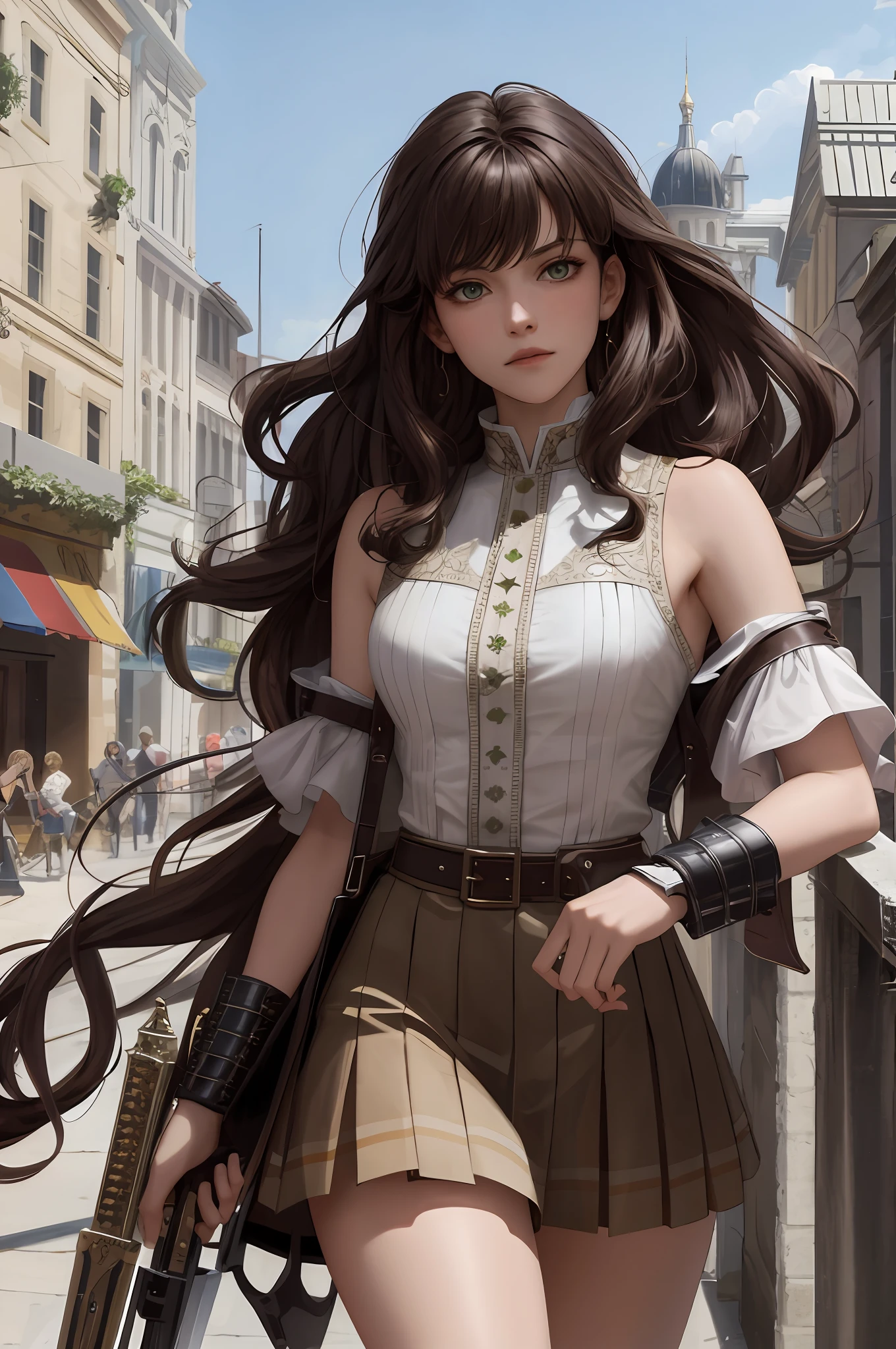 8k, best quality, masterpiece, highly detailed, semi realistic, a girl, a girl, 20 years old, long dark brown hair with bangs, curly hair, benches, green eyes, rococo style cut clothes, armor, skirt that would fall, short skirt, leather vest, bare shoulders, thin figure, cold expression, beautiful spear, battle scenes, outdoor, medieval background