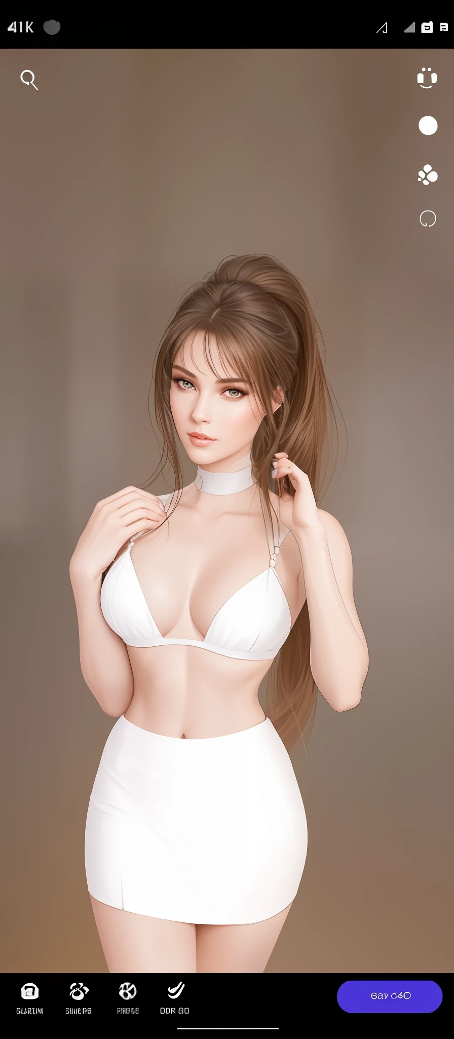 Closeup of a ((awesome)) woman, 4K, high quality, masterpiece, ethereal, (looking directly at the camera: 1.4), realistic skin texture, (full lips damp), perfect face, high ponytail, seductive eyes, sexy make with the same face identical to the attached image