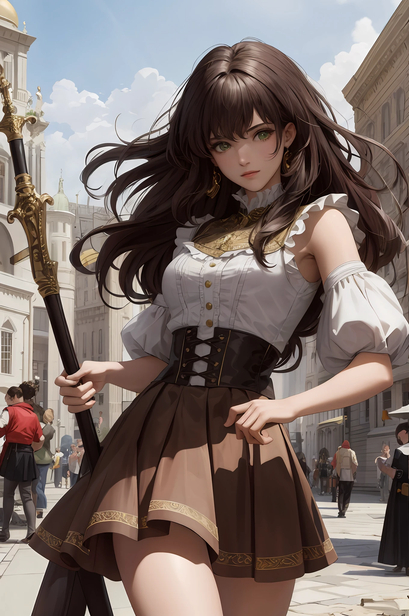 8k, best quality, masterpiece, highly detailed, semi realistic, a girl, a girl, 20 years old, long dark brown hair with bangs, curly hair, benches, green eyes, rococo style cut clothes, armor, skirt that would fall, short skirt, leather vest, bare shoulders, thin figure, cold expression, beautiful spear, battle scenes, outdoor, medieval background