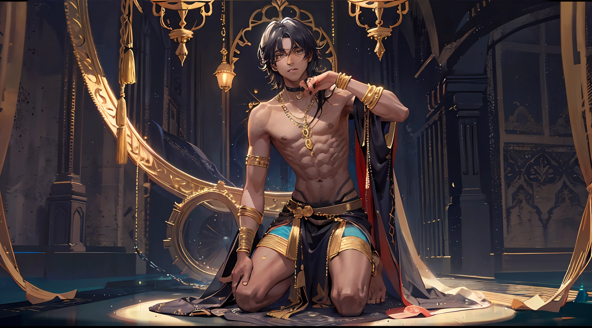 Dark skin, young man, 1boy, male, manly, prince of persia, leaky waist, jewelry, brilliant, curly hair, black hair, dark skin, emerald eyes, golden waist chain, arm ring, thin waist, bare legs, bare feet, anklet, bracelet, ring, dynamic pose, dramatic composition, carpet, wounded, battle damage, bleeding from the corners of the mouth, kneeling, carpet, chain, collar, cage, no top