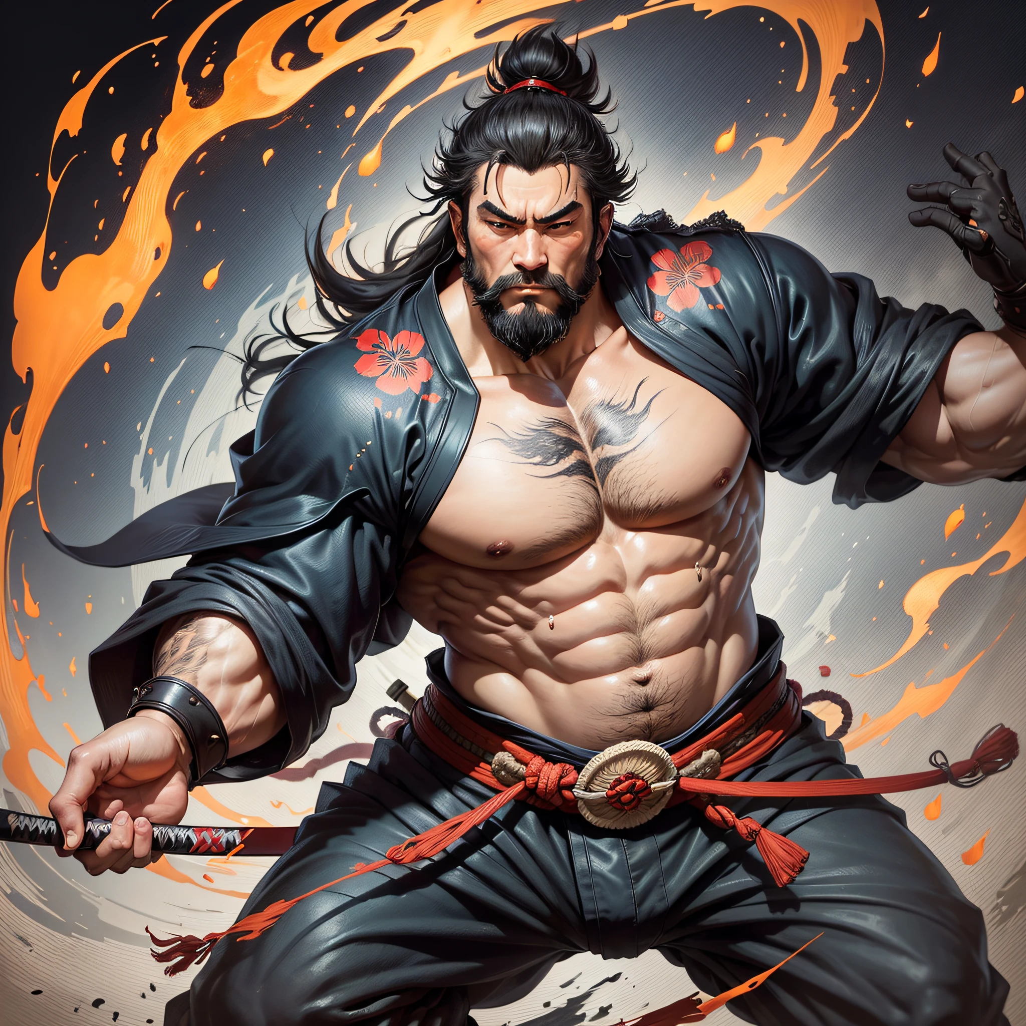 It is a full-body painting with natural colors in the style of ukiyo-e. Miyamoto Musashi is a Japan samurai with a large body like a strongman. He has a rough face, short black hair, and a short, trimmed beard. He is a righteous samurai who fights evil. He wears a black kimono. The hakama should be a little longer and draw in a flowing shape that flutters in the wind. He holds a sword in his right hand with flames coming out of his Japan sword. The background is a swirling flame in Katsushika Hokusai style. Masterpiece high-resolution ukiyo-e style, with the highest quality