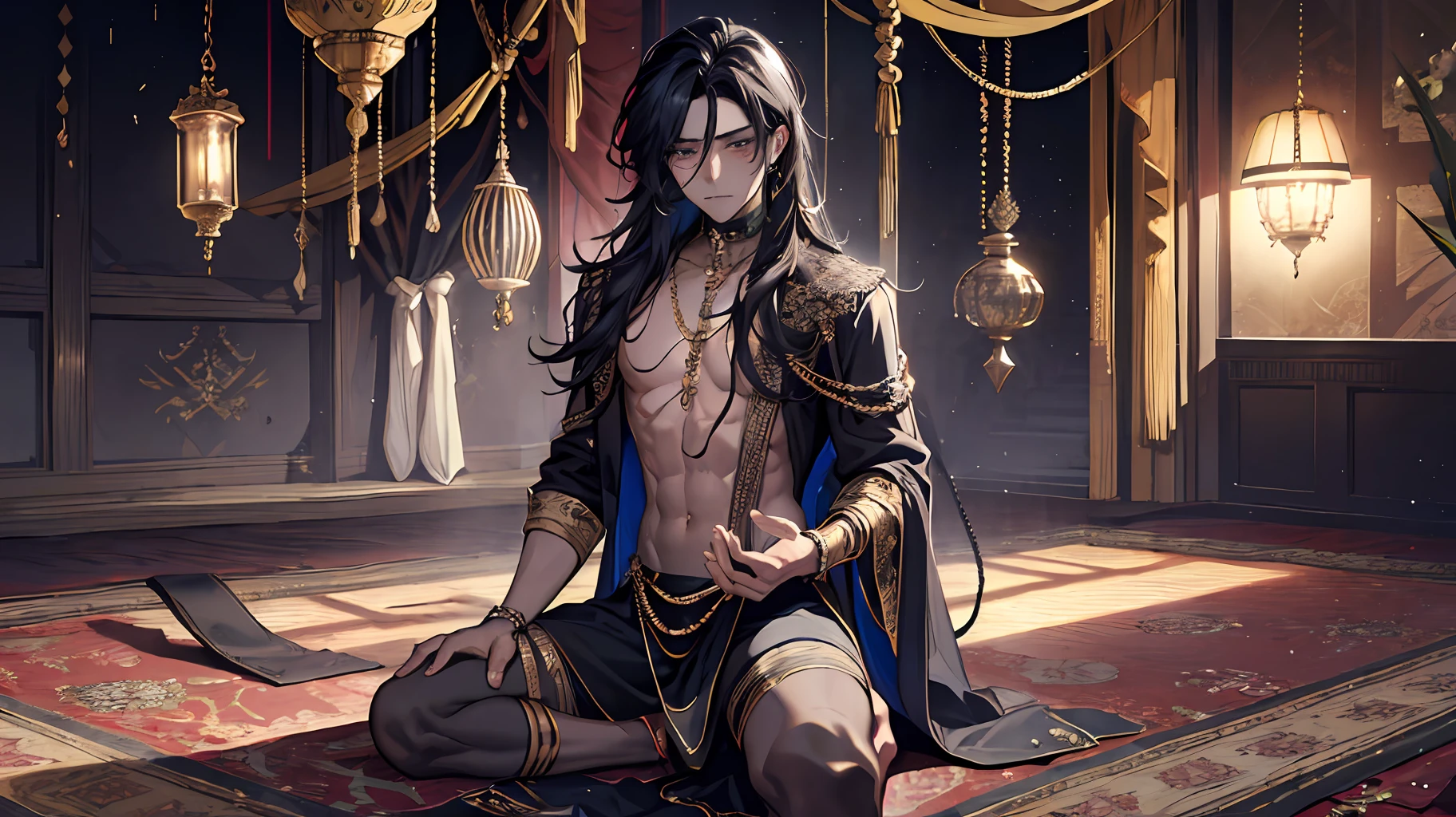 Dark skin, no top, young man, 1boy, male, manly, Prince of Persia, leaky waist, jewelry, brilliant, long curly hair, black hair, dark skin, emerald eyes, gold waist chain, arm ring, thin waist, bare legs, bare feet, anklet, bracelet, ring, dynamic pose, dramatic composition, carpet, wounded, battle damage, bleeding from the corners of the mouth, kneeling, carpet, iron chain, collar, cage, open mouth, blush, tears, gasping