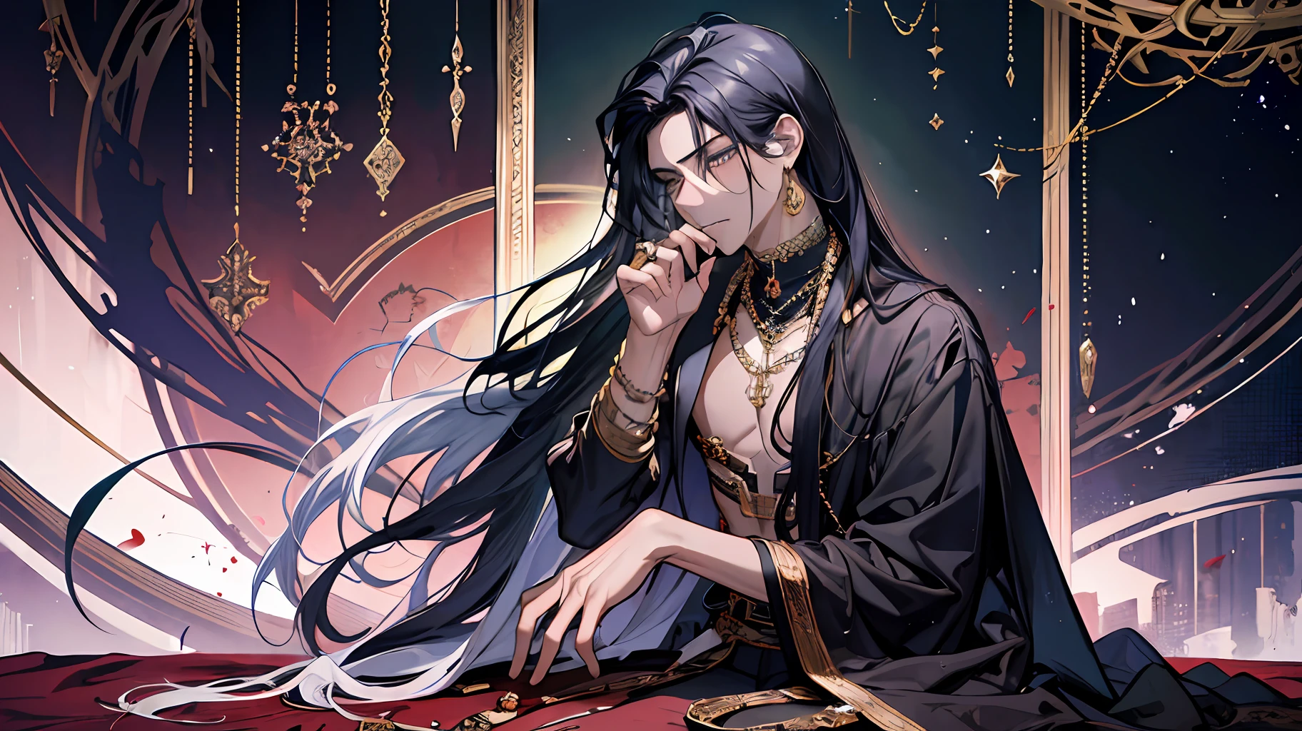 Dark skin, no top, young man, 1boy, male, manly, Prince of Persia, leaky waist, jewelry, brilliant, long curly hair, black hair, dark skin, emerald eyes, gold waist chain, arm ring, thin waist, bare legs, bare feet, anklet, bracelet, ring, dynamic pose, dramatic composition, carpet, wounded, battle damage, bleeding from the corners of the mouth, kneeling, carpet, iron chain, collar, cage, open mouth, blush, tears, gasping