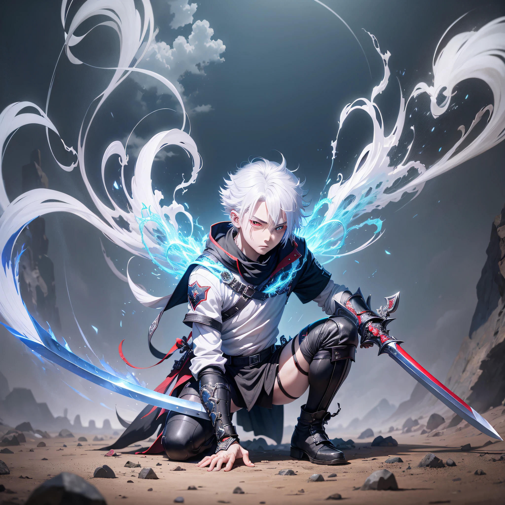 An anime boy kneels on the ground with his left leg, tries to stand up with his right leg, holds a sword in his right hand and supports the ground, red eyes, flowing white hair, flesh pants on his legs cover, and blue murderous aura around him --auto --s2