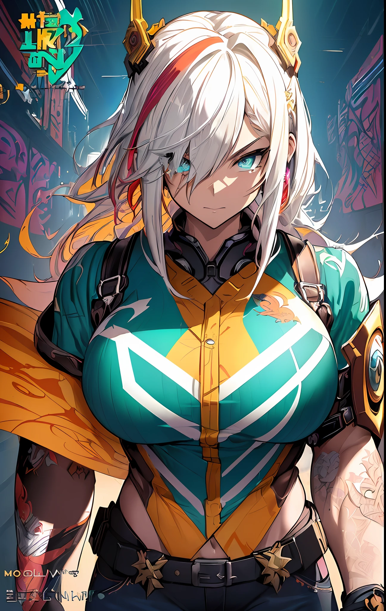 ((((spectacular))) ((heroic)) (((intense))),background, mixed-language_text, Japanese letters in graffit ,girls, excellent lighting, sidelighting, (), vhsKeeper,, style GUILTY GEAR -STRIVE perfect ultimate (flat color: 1.3), (magazine_cover: 1.4), (multicolored_background: 1.3), striped_background, card_background, :: comix style by joe madureira :: circular pieces of white metals glued to the arms coming out shimmering yellow glow,big breast , perfect and detailed,  ultra detailed shirt with abstract design and with Japanese letters in graffit of the sides of the clothing, image of full-body girls fighting next to you with powerful dragons versus alien creature full of tentacles, with immersive effects, hover effect, background graffiti style tribal tattoo with vibrant colors "HDR ultra" detailed and with focus effect,  (masterpiece: 1.2, best quality), (finely detailed beautiful eyes: 1.2), , ((Solo)), (Finely detailed eyes and detailed face:1.3), in various full-body attack poses, (cute background: 1.2),futuristic costume, super detailed circular metals Clinging to arms and pants, fantastic paintings
, absolutely stunning eyes, hyper detailed, highest resolution,hair covering eyes's, beautiful face, beautiful eyes, vibrant colors, night, highest quality digital art, stunning art, 4k,8k,64k wallpaper, HD, incomparable masterpiece, dynamic lighting, cinematic, epic