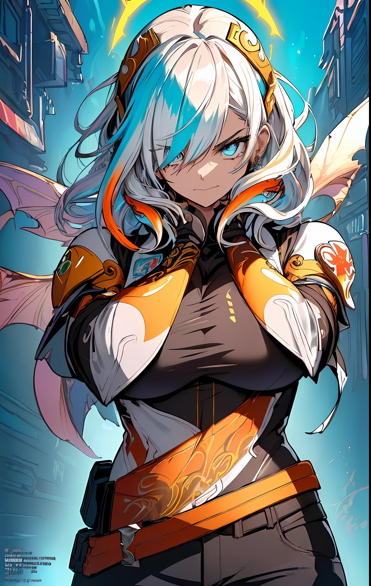 ((((spectacular))) ((heroic)) (((intense))),background, mixed-language_text, Japanese letters in graffit ,girls, excellent lighting, sidelighting, (), vhsKeeper,, style GUILTY GEAR -STRIVE perfect ultimate (flat color: 1.3), (magazine_cover: 1.4), (multicolored_background: 1.3), striped_background, card_background, :: comix style by joe madureira :: circular pieces of white metals glued to the arms coming out shimmering yellow glow,big breast , perfect and detailed, ultra detailed shirt with abstract design and with Japanese letters in graffit of the sides of the clothing, image of full-body girls fighting next to you with powerful dragons versus alien creature full of tentacles, with immersive effects, hover effect, background graffiti style tribal tattoo with vibrant colors "HDR ultra" detailed and with focus effect, (masterpiece: 1.2, best quality), (finely detailed beautiful eyes: 1.2), , ((Solo)), (Finely detailed eyes and detailed face:1.3), in various full-body attack poses, (cute background: 1.2),futuristic costume, super detailed circular metals Clinging to arms and pants, fantastic paintings
, absolutely stunning eyes, hyper detailed, highest resolution,hair covering eyes's, beautiful face, beautiful eyes, vibrant colors, night, highest quality digital art, stunning art, 4k,8k,64k wallpaper, HD, incomparable masterpiece, dynamic lighting, cinematic, epic
