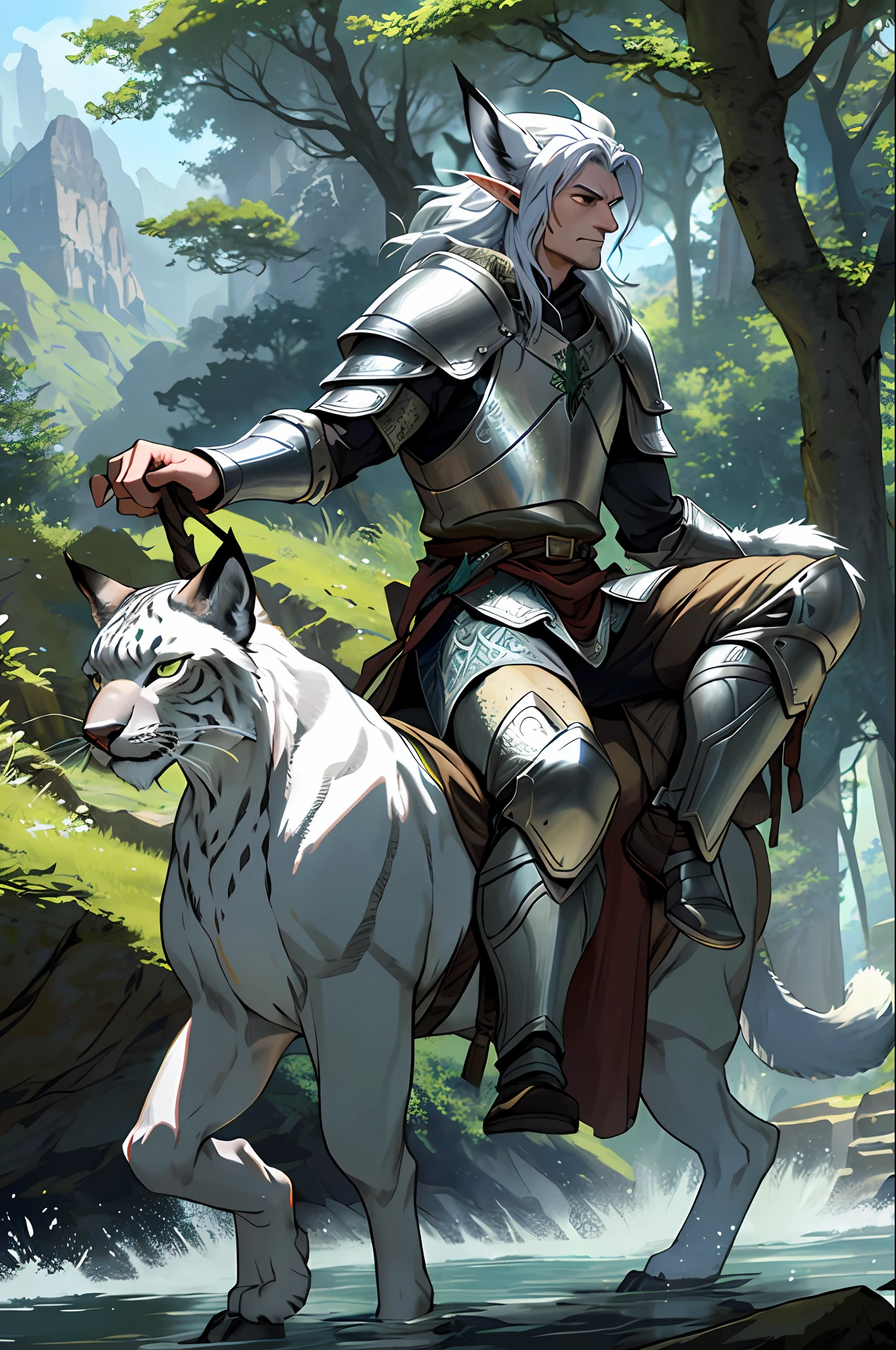 Draw a lord of the rings-style forest elf, wearing silver-scaled armor, riding a big cat similar to a lynx but taller, in a medieval Spanish fantasy village that's in a valley by a lake