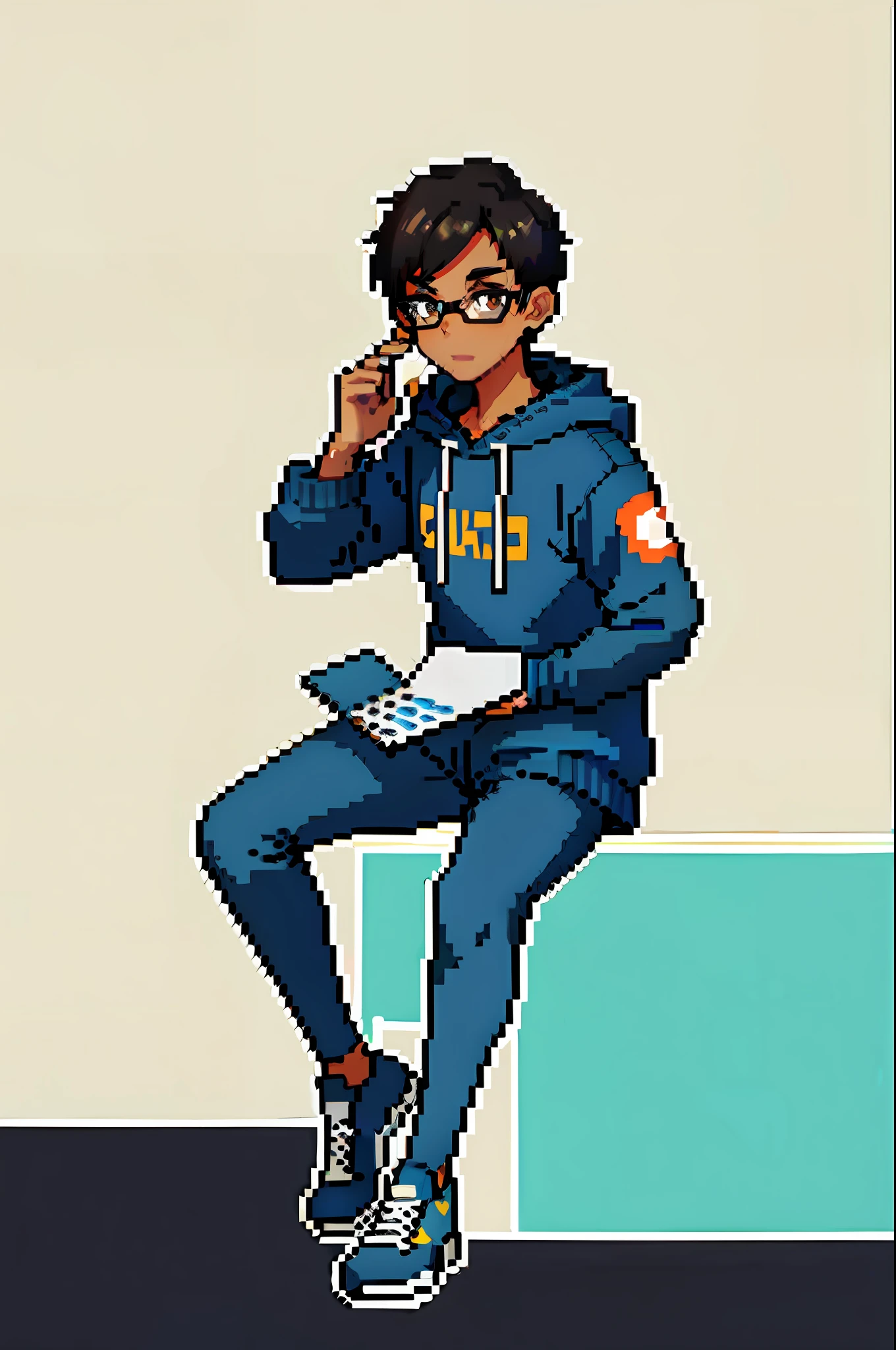 (masterpiece, top quality, best quality), pixel,pixel art,1guy,25 years old,full body,black short hair, fade hairstyle, glasses, hoodie, laptop, brown skin, sitting