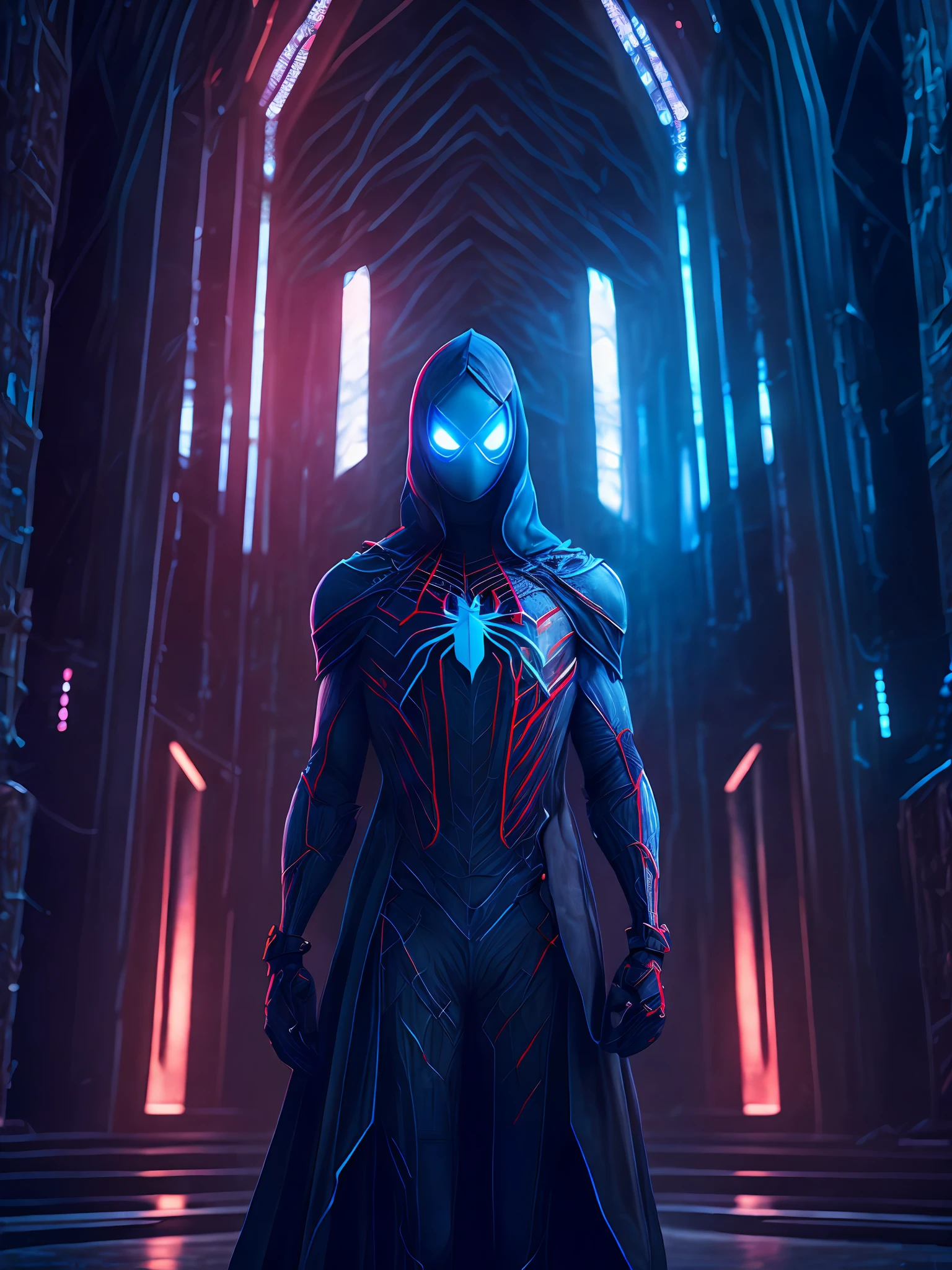 a somber portrait of Ghost Spider-Man from Marvel, with intricate angular cybernetic implants inside a brutalist building, a gothic brutalist cathedral, cyberpunk, award-winning photos, bokeh, neon lights, cybernetic limb