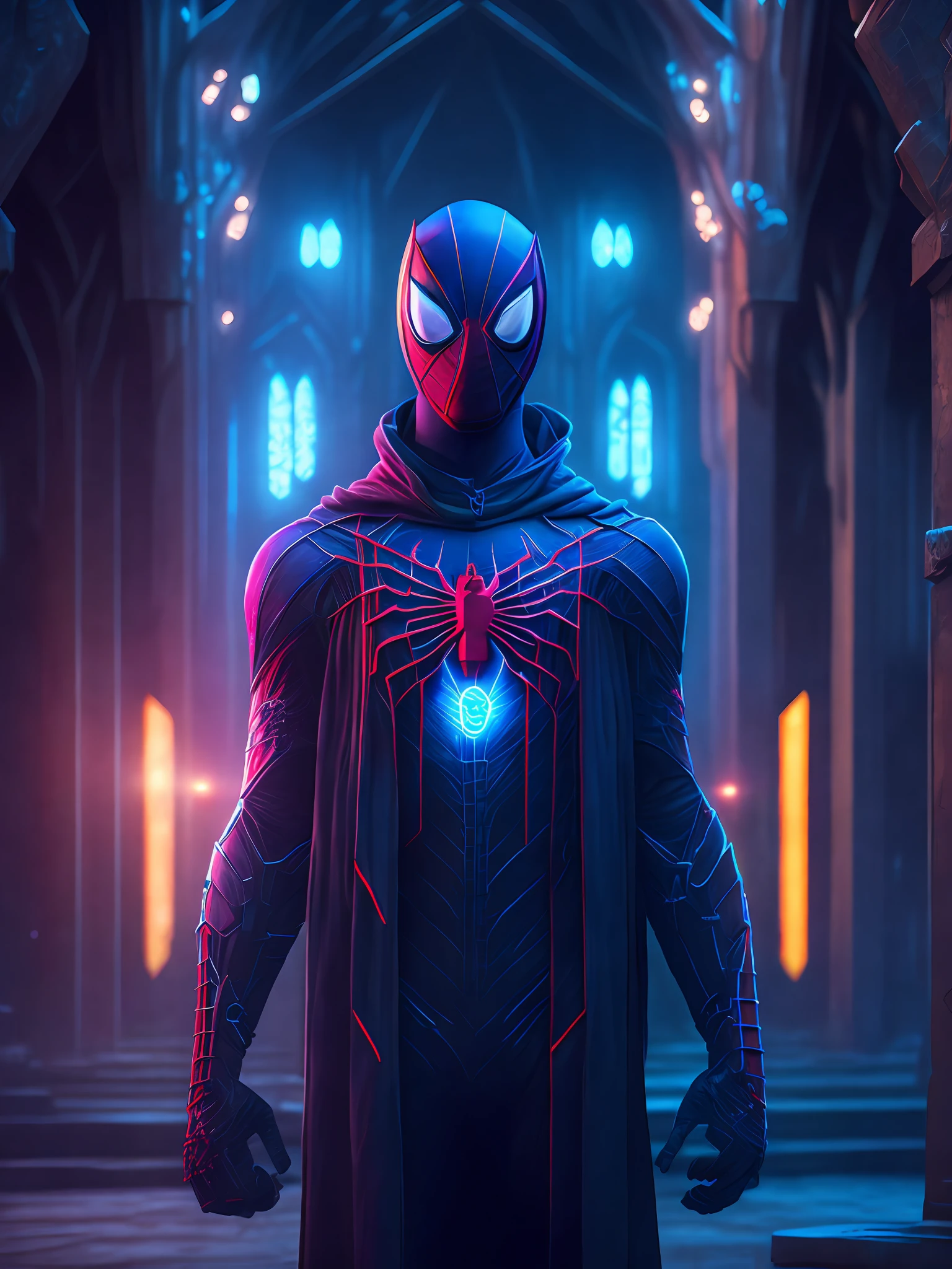 a somber portrait of Ghost Spider-Man from Marvel, with intricate angular cybernetic implants inside a brutalist building, a gothic brutalist cathedral, cyberpunk, award-winning photos, bokeh, neon lights, cybernetic limb