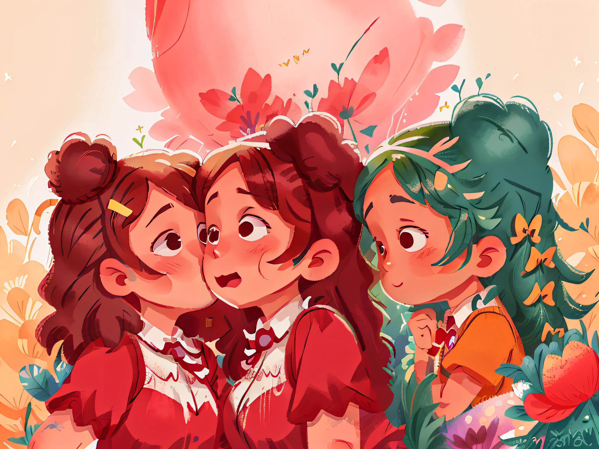 Two twin girls curly brown hair, Livia kisses her mother on the right cheek and Lavinia kisses her mother on the right cheek both at the same time.