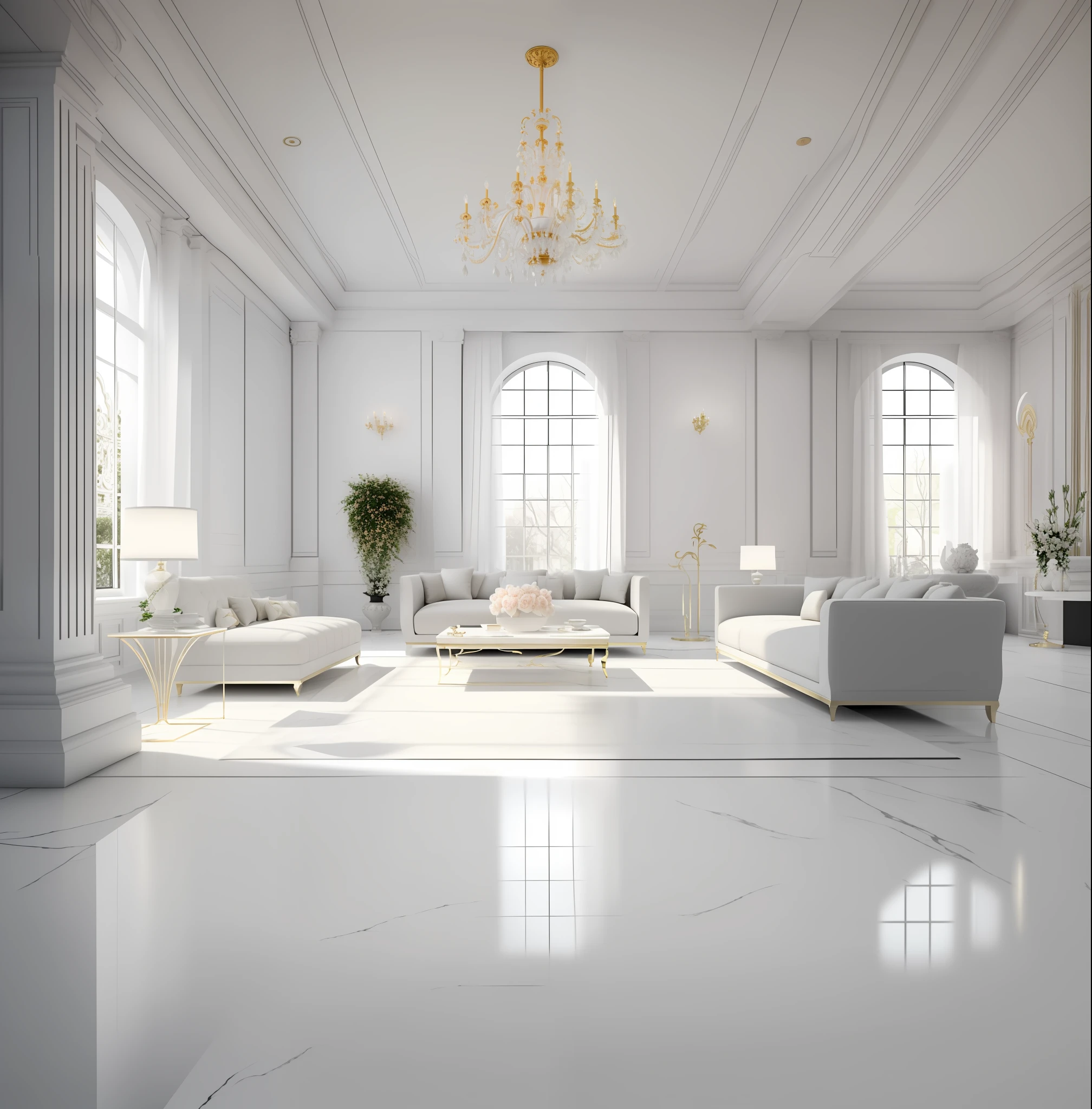 there is a large living room with white furniture and a chandelier, neo - classical style, neoclassical style, elegant and refined, marble room, white room, luxurious environment, elegant minimalism, neoclassicism style, white furniture, white marble interior photograph, cream - colored room, elegant interior, elegant baroque, all white render, very refined, classical style