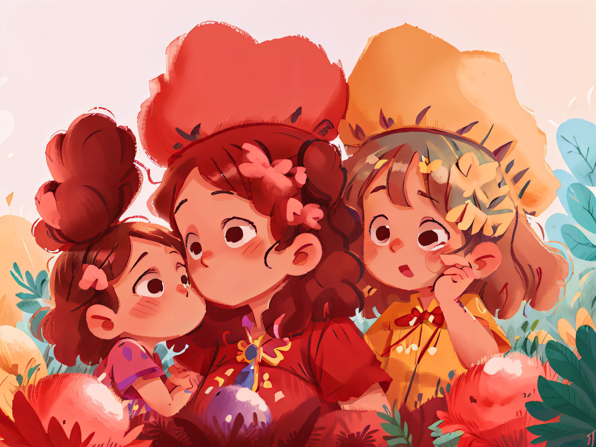 Two twin girls curly brown hair, Livia kisses her mother on the right cheek and Lavinia kisses her mother on the right cheek both at the same time.