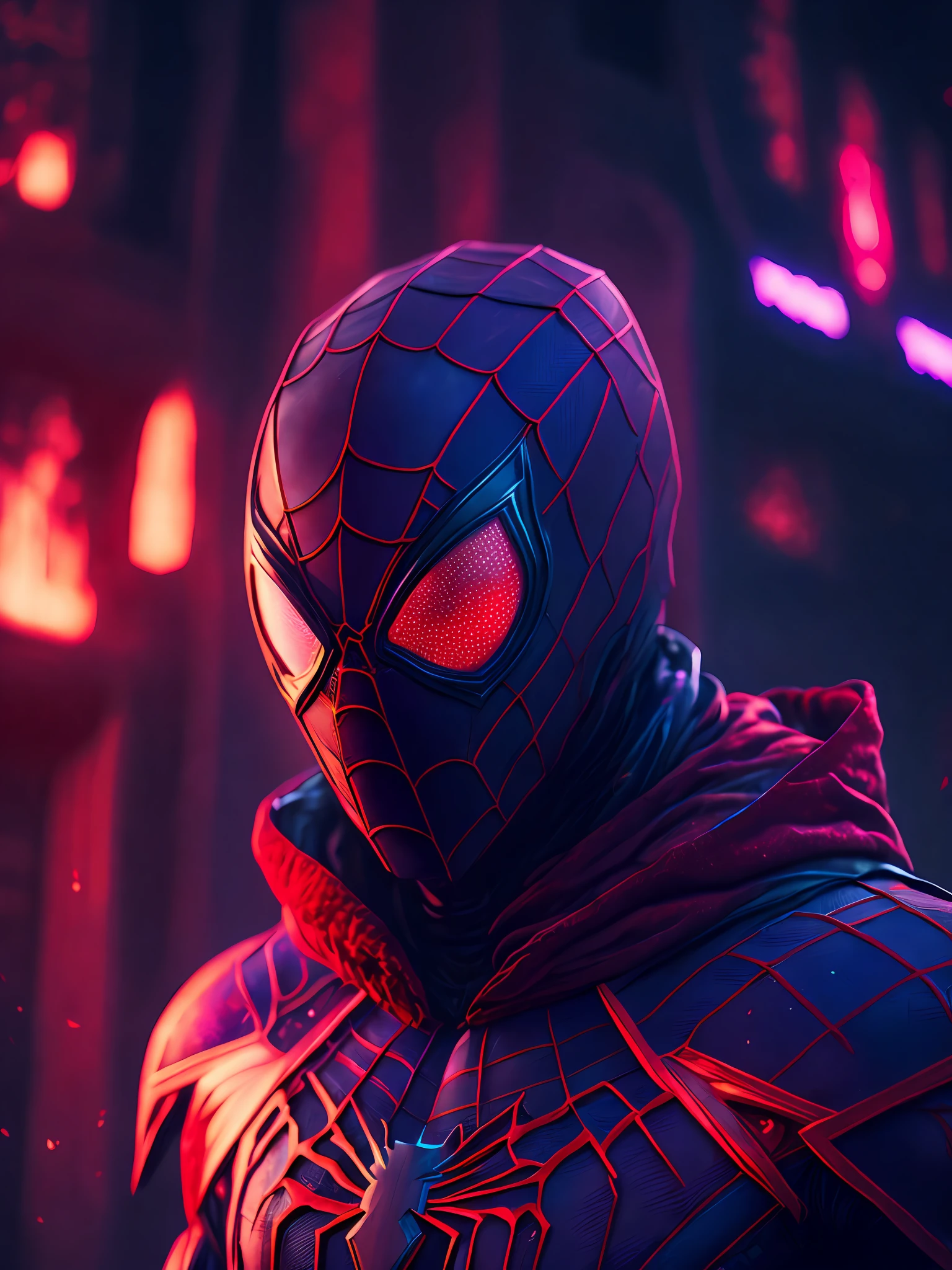 a somber portrait of Burning Spider-Man from Marvel, with intricate angular cybernetic implants inside a brutalist building, a gothic brutalist cathedral, cyberpunk, award-winning photos, bokeh, neon lights, cybernetic limb