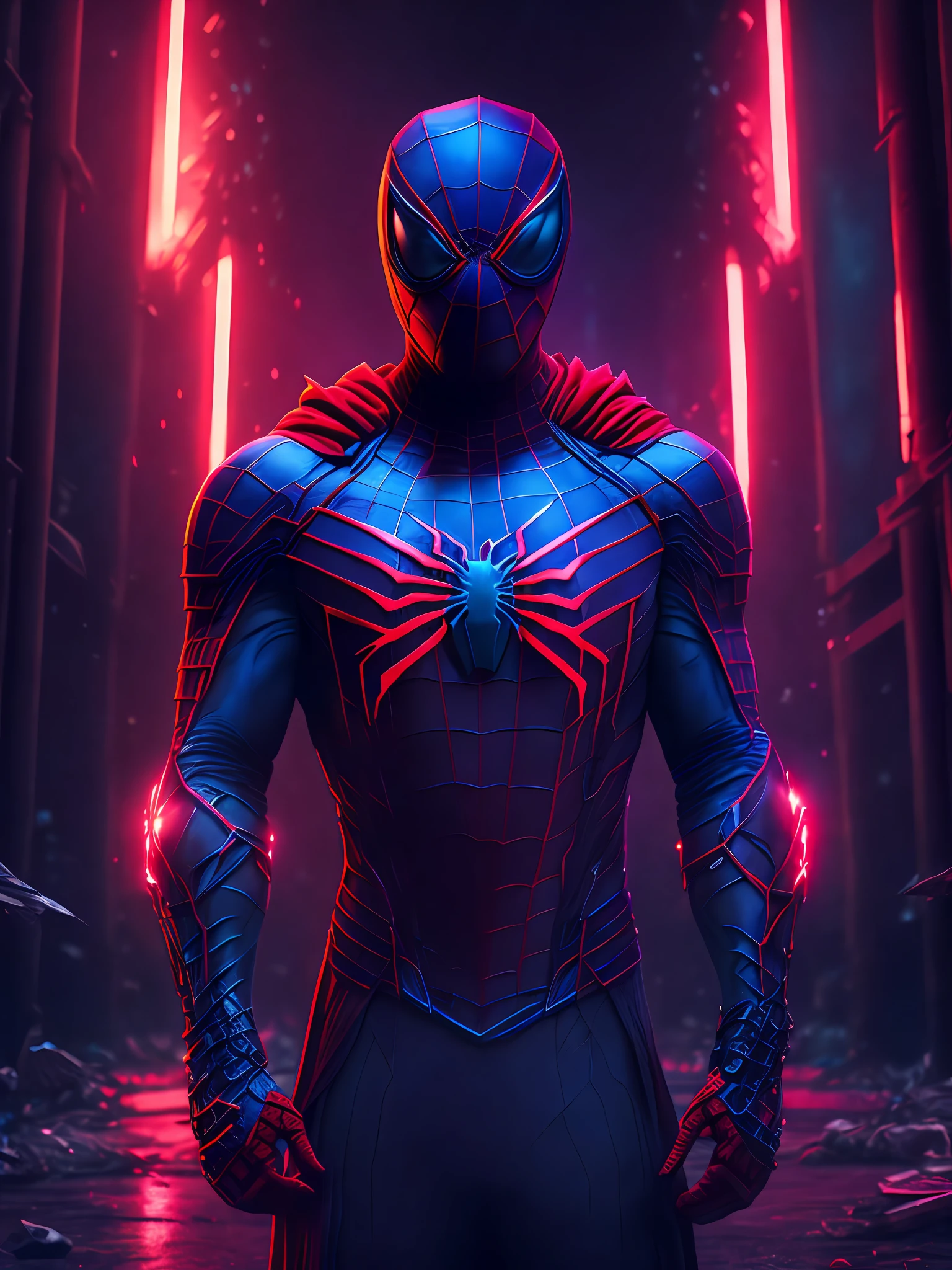 a somber portrait of Burning Spider-Man from Marvel, with intricate angular cybernetic implants inside a brutalist building, a gothic brutalist cathedral, cyberpunk, award-winning photos, bokeh, neon lights, cybernetic limb