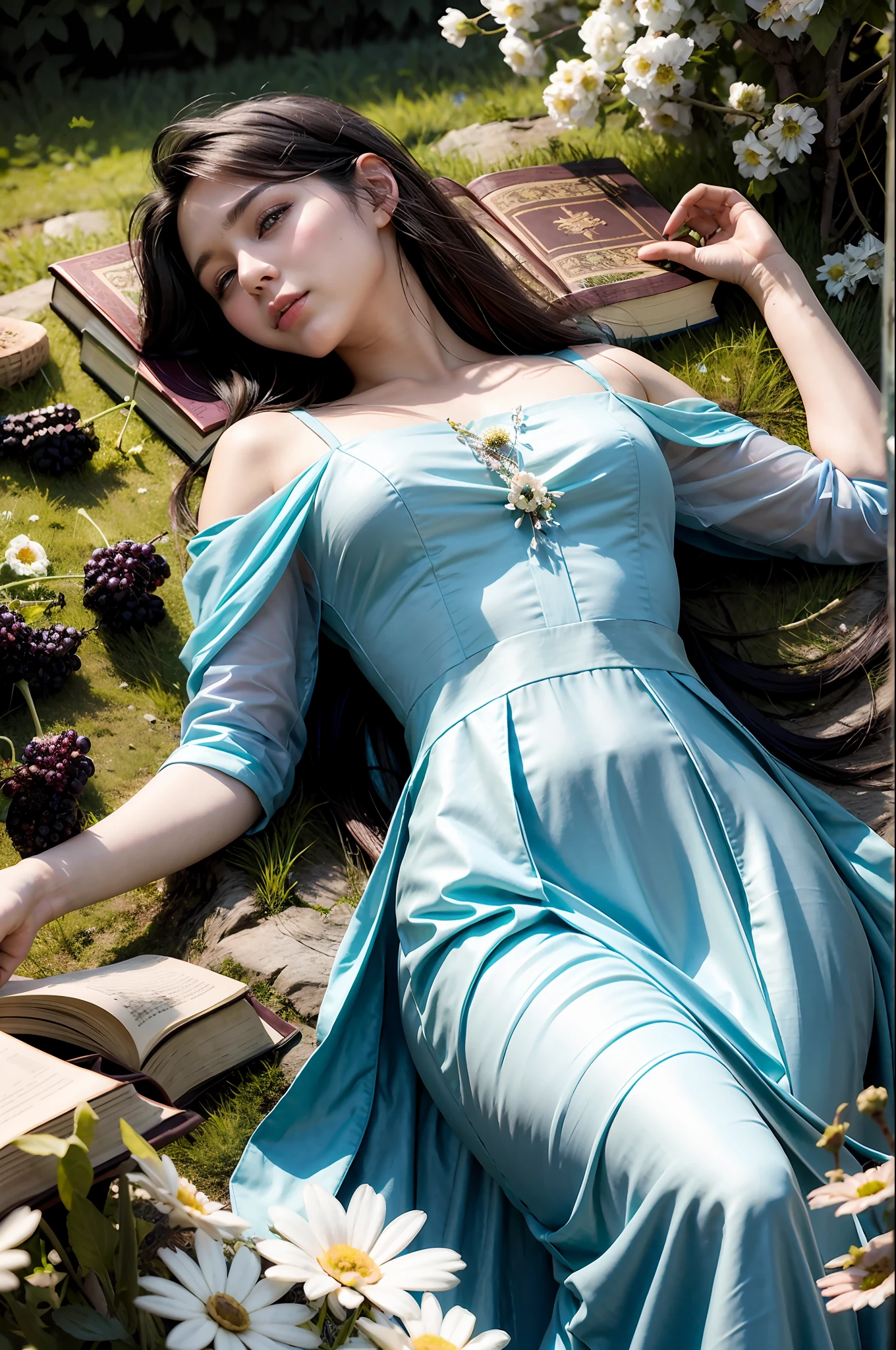a painting of a woman laying in a field of flowers, grape, scene where she is in rivendell, inspired by Felice Casorati, portrait of high school girl, female with long black hair, with open book , decaying dappled sunlight, listing image, she is the center of the garden