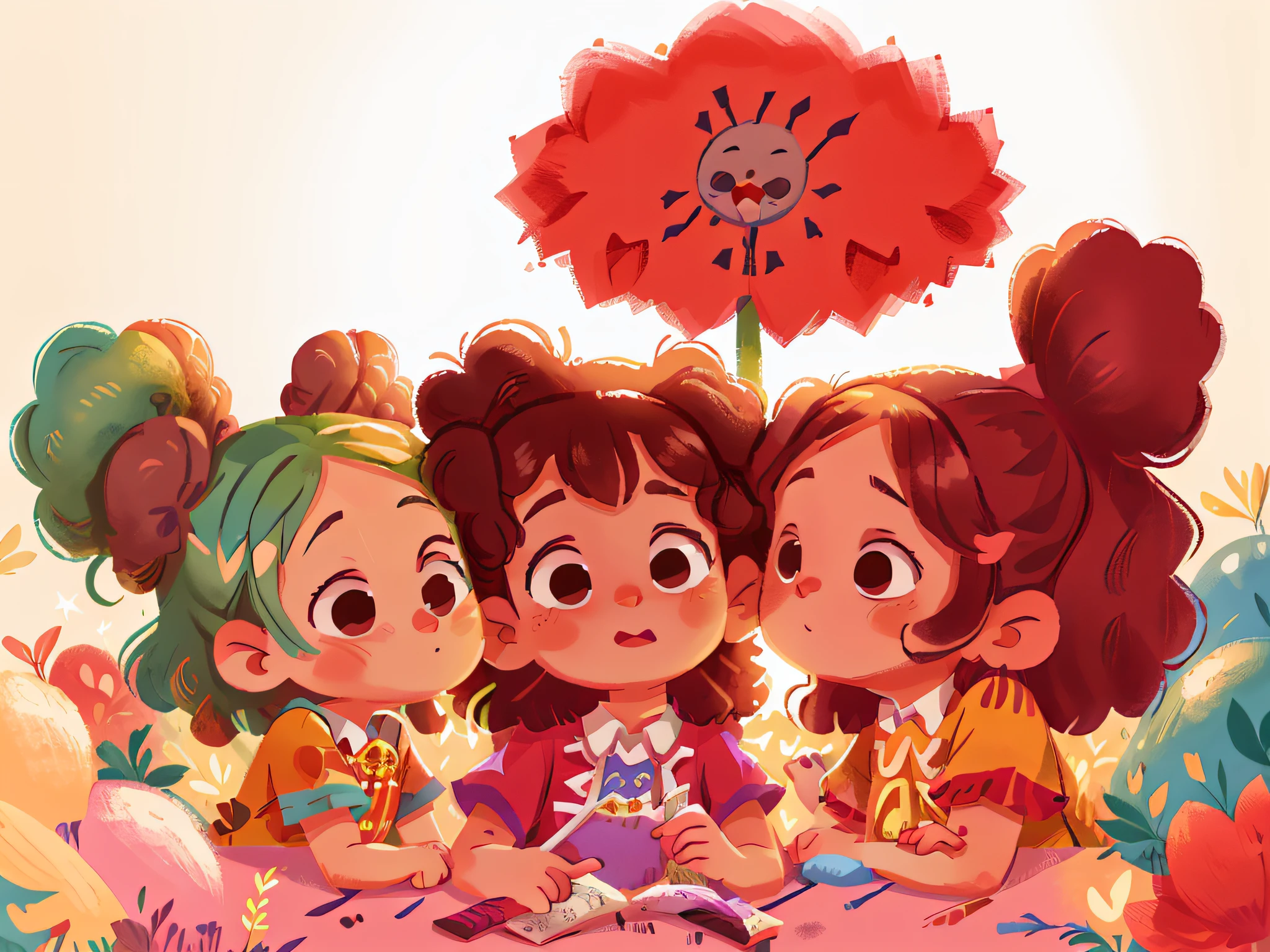 Two twin girls curly brown hair, Livia kisses her mother on the right cheek and Lavinia kisses her mother on the right cheek both at the same time.