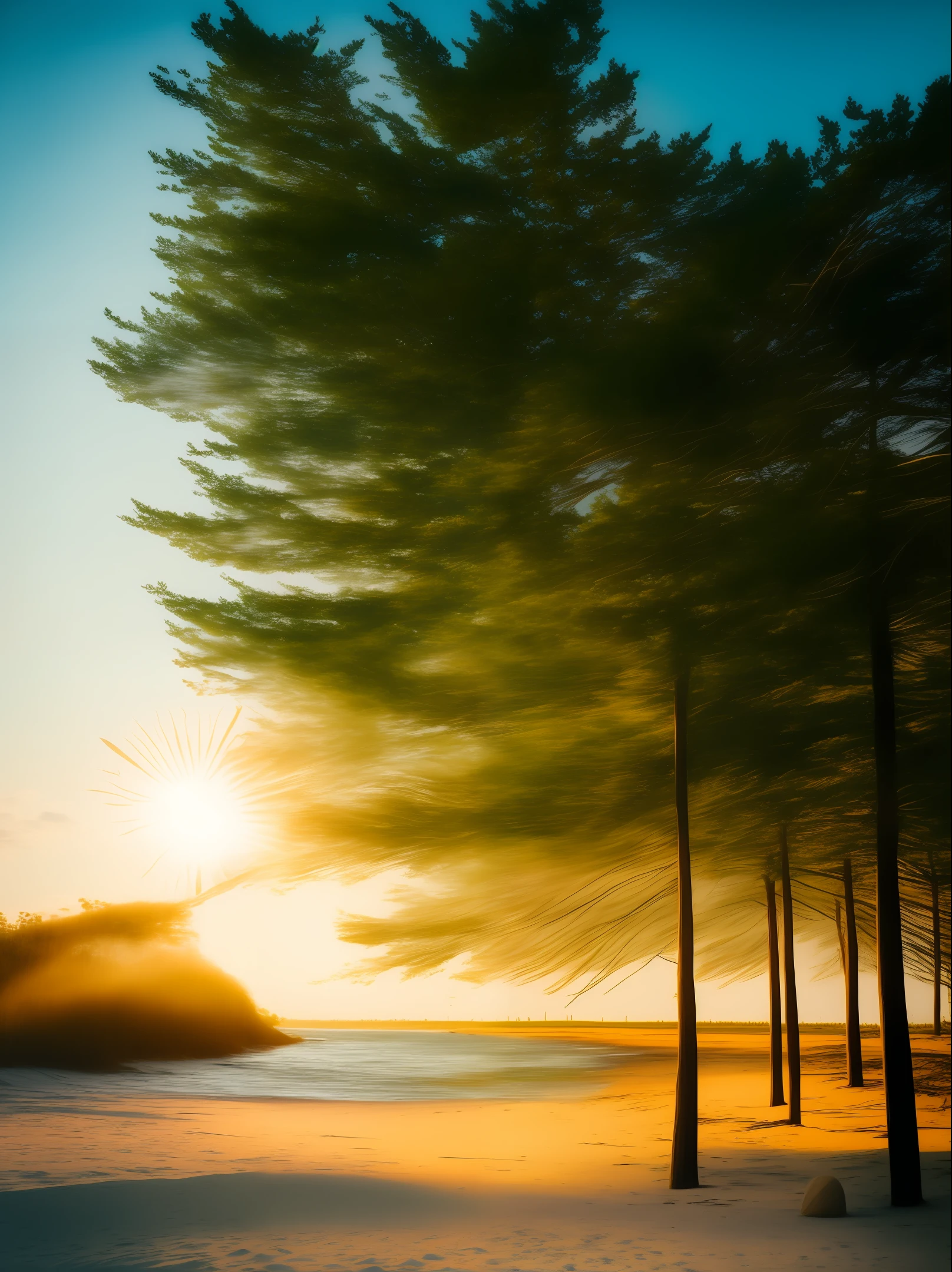 I created a portrait of a beach with sun, wind, trees, passs-bys;