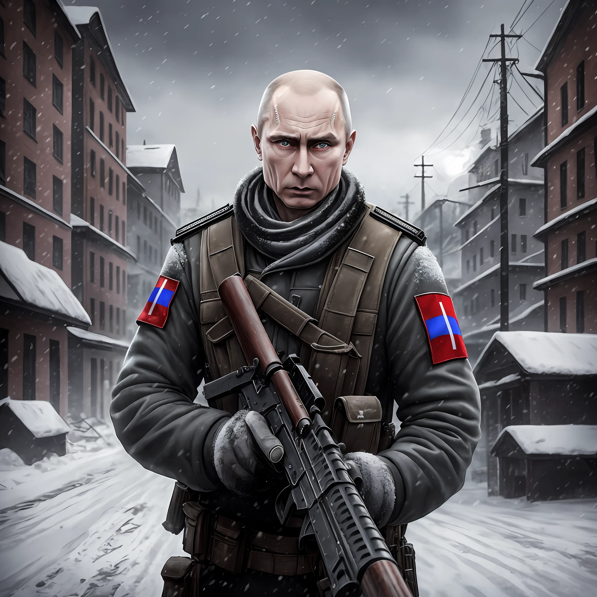 Russian, Vladimir Putin, Tall, Uniform, Shaved Head, Angry, Screaming
red eyes without pupil, Holding a rifle in the snow, dark colors, old buildings, apocalyptic powder,Realistic, Full HD, best quality