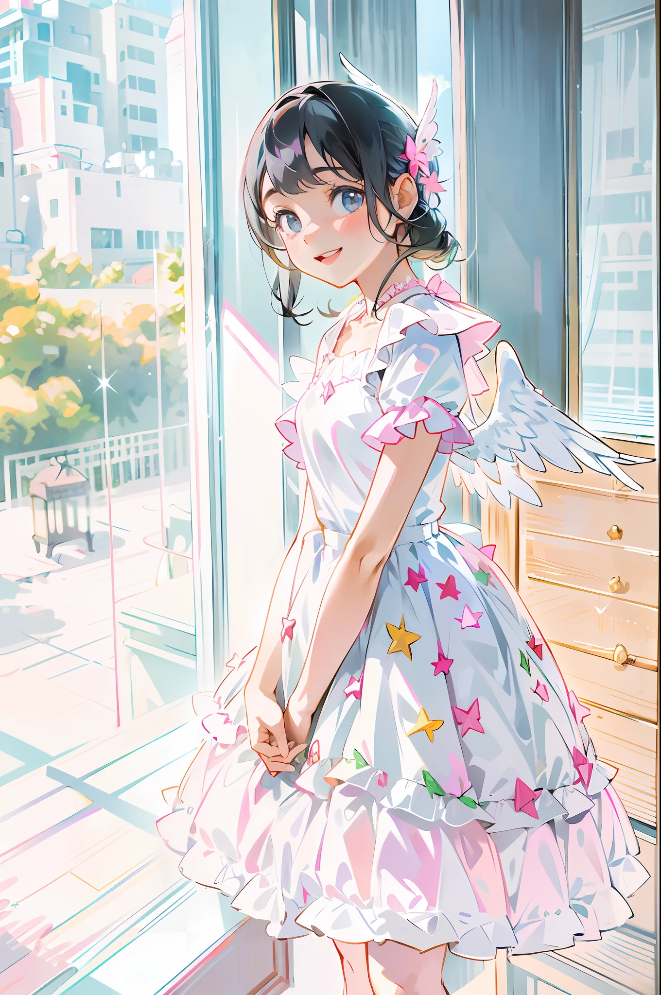 Pretty little girl in dress standing in front of window, Lori in dress, magical Lolita girl, Lolita girl, summer morning light, smile, light pink and white dress, black hair, angel wings on the back