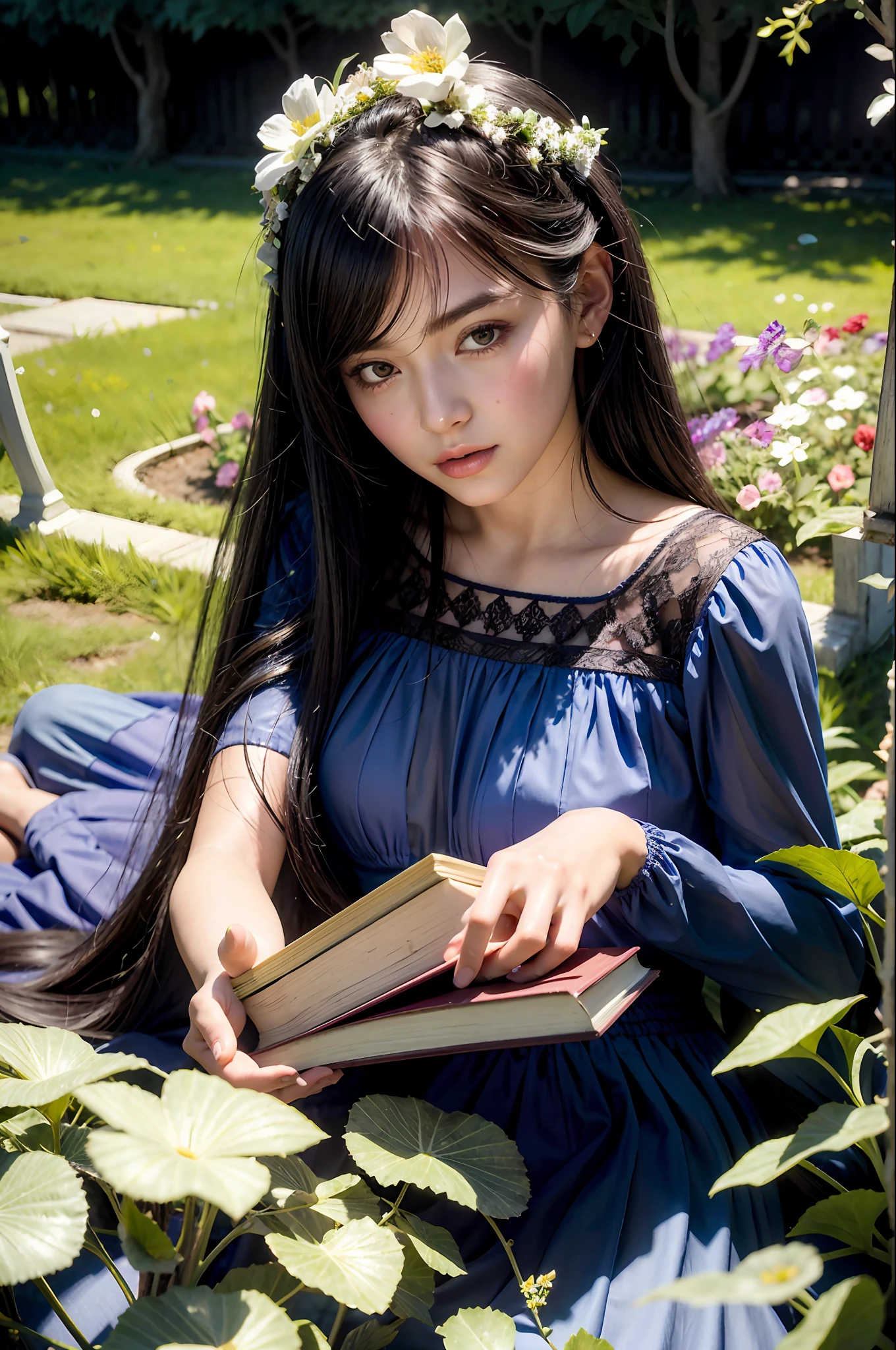 a painting of a woman laying in a field of flowers, grape, scene where she is in rivendell, inspired by Felice Casorati, portrait of high school girl, female with long black hair, with open book , decaying dappled sunlight, listing image, she is the center of the garden