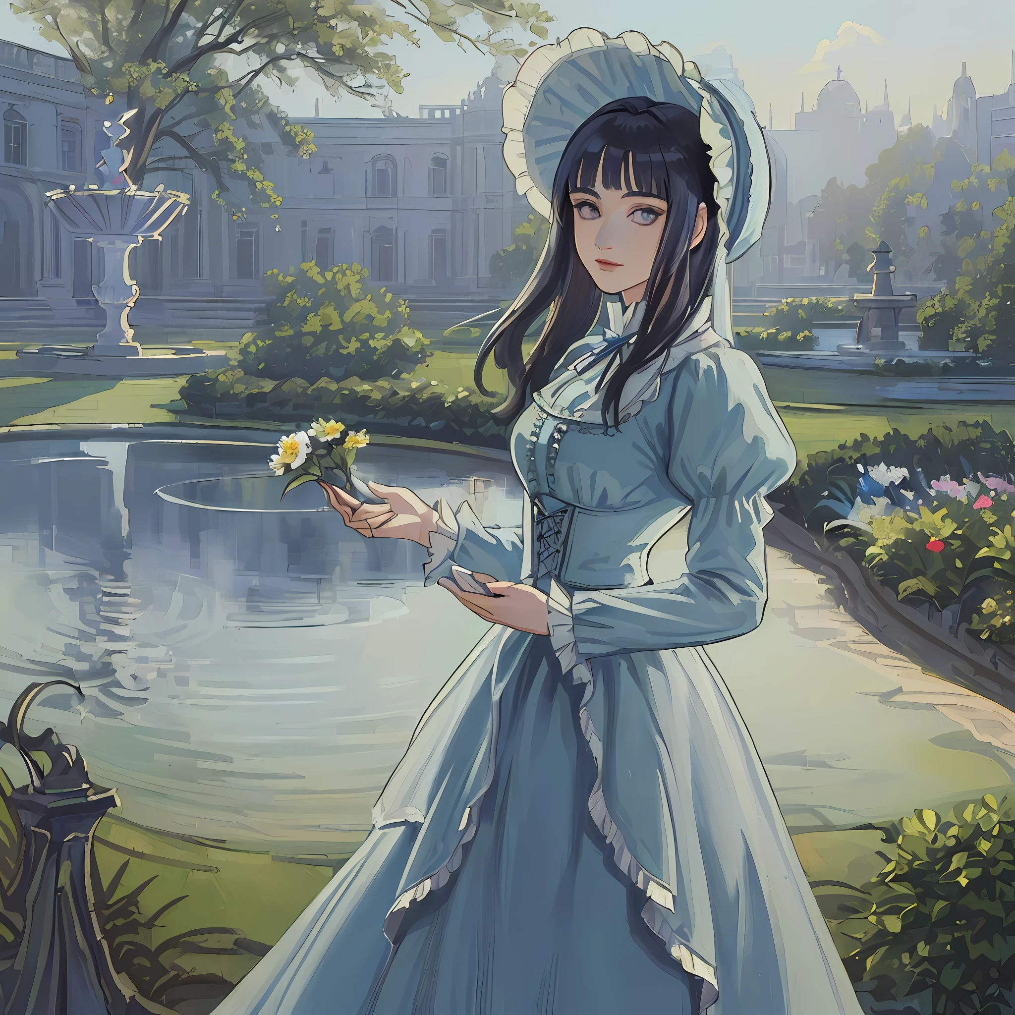 ((((masterpiece)))), (best quality), ((Hyper detailed)), ((High
 detail)), ((Exquisite detail)), (1 girl), (solo), (cowboy shot), (looking
 at viewer),((outside)), (((antique))), ((palace)), ((garden)), ((fountain)),
(flower), ((mature female)),((victorian dress)), ((medium breasts)),
((bonnet)), (long hair), hinata/(boruto/), dark blue hair, detailed lips, wavy hair