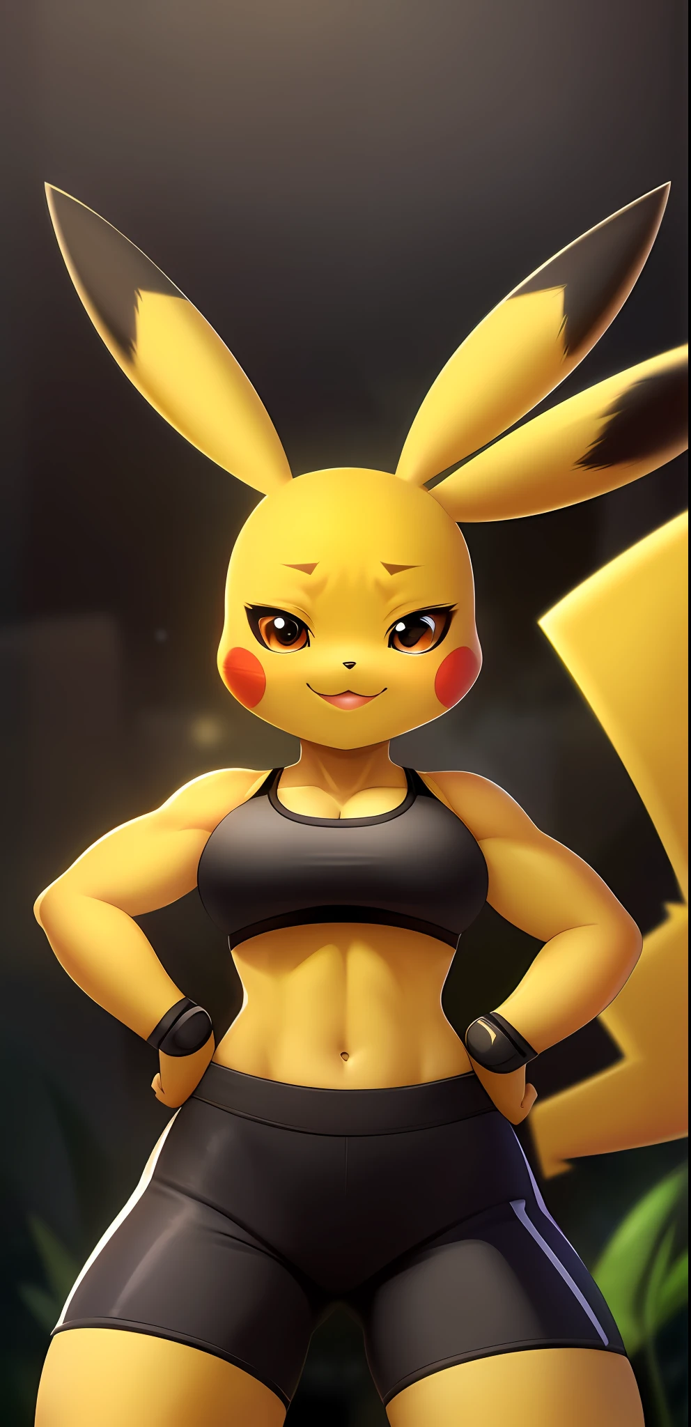 Pikachu, (((masterpiece))), ((high resolution)), ((detailed portrait)), ((looking at viewer)), long yellow pointed ears, (yellow pikachu ears with black tips), brown clear eyes, yellow body, athletic female body (six pack), yellow thunderbolt tail with black heart-shaped tip, (female pikachu tail), large boobs, strong stance, black sports bra, orange skintight shorts, black wristbands, knee pads, hands on hips, smug grin (mouth closed), seductive gaze, :3, head tilt, black triangle nose, ((simple detailed background)),