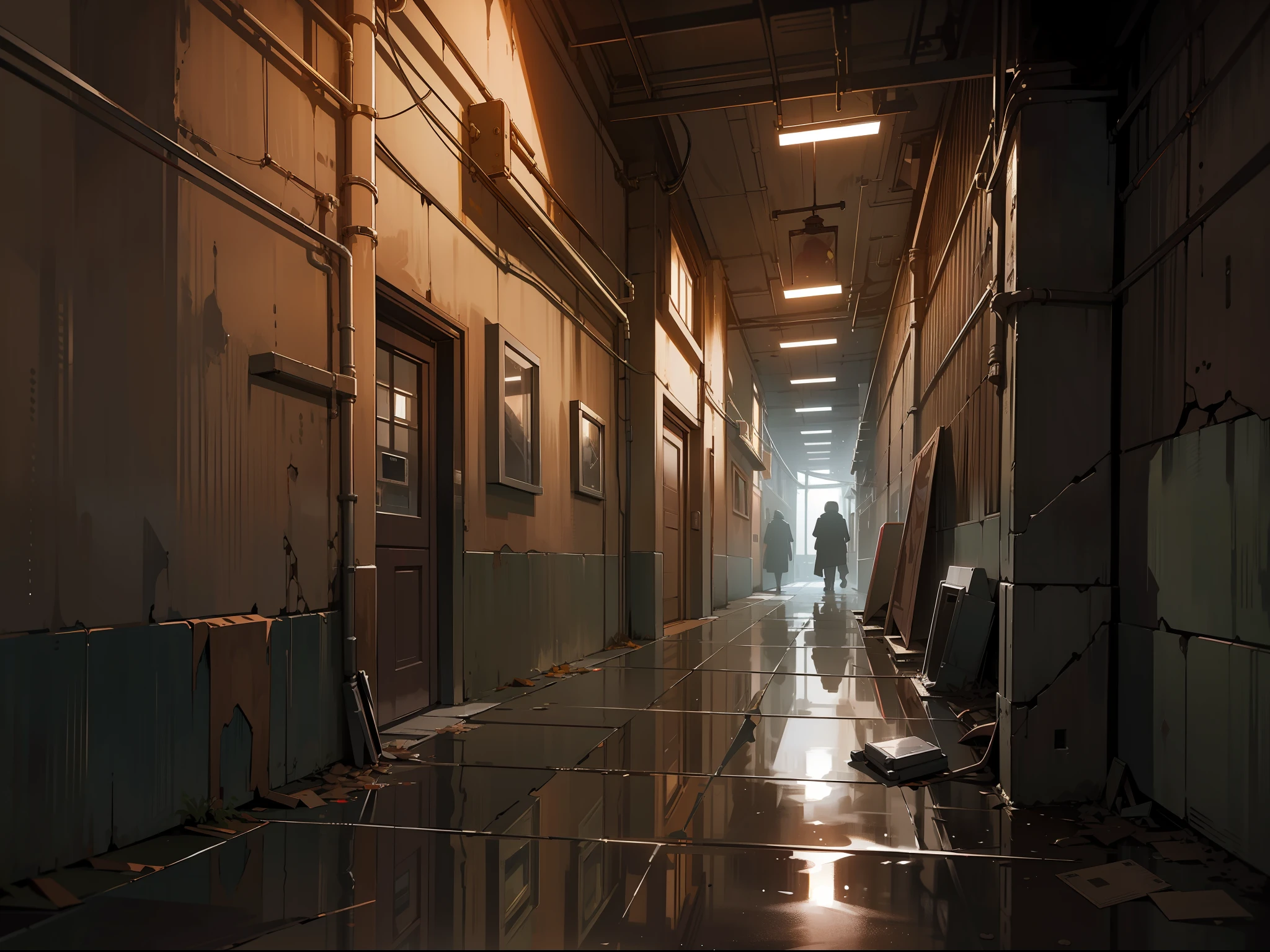masterpiece,best quality,(futuristic outdoor alley),(suspense environment),(main color: dark red), (secondary color: brown), rust, worn walls, cracks, cables, abandoned boxes, garbage and papers on the floor, pipes, light bulbs (volumetric yellow light), window with glass reflecting the environment, ((dense fog)), dust in the environment, wet floor, light reflections on the floor, Very rainy night scenery, dark shadows with lots of contrast