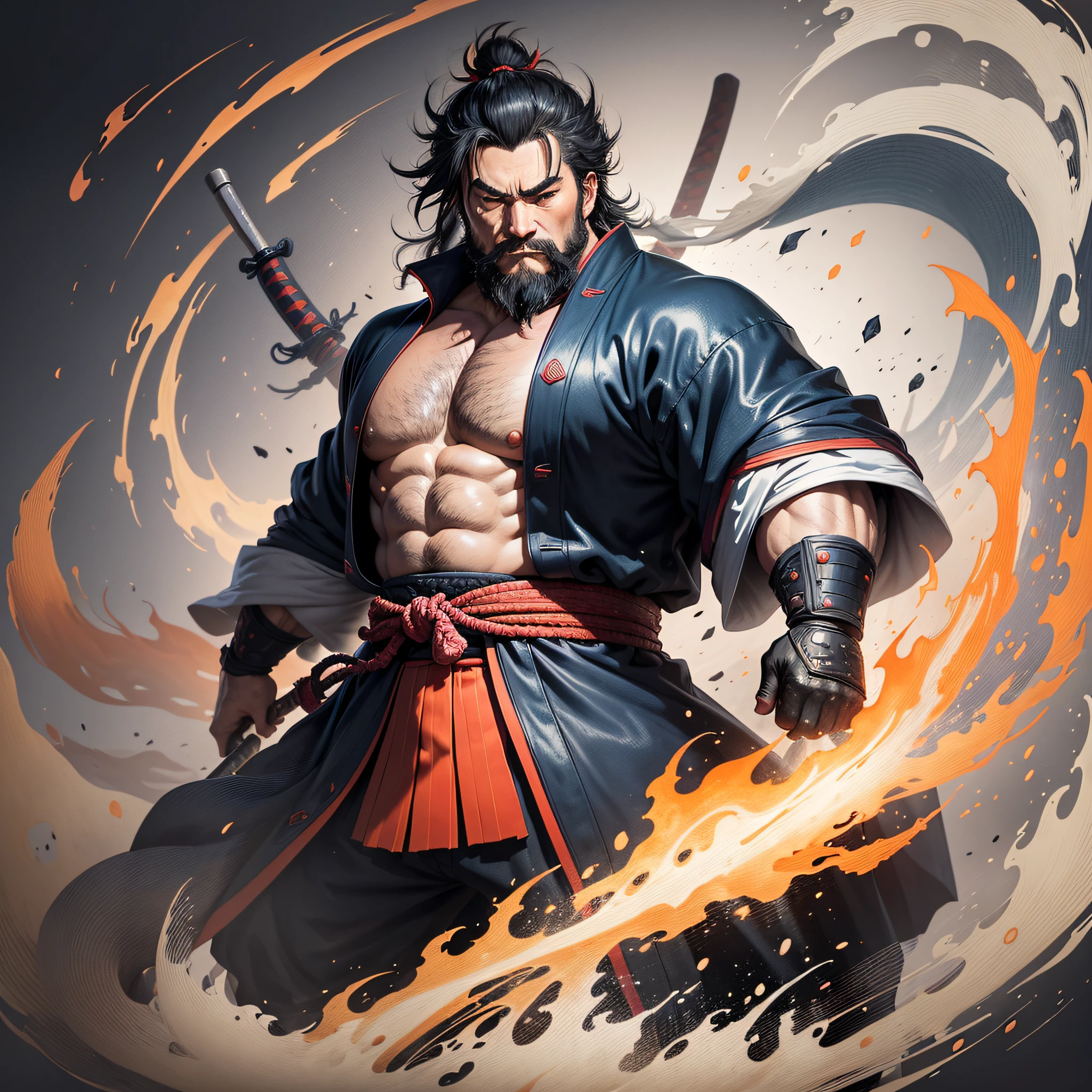 It is a full-body painting with natural colors in the style of ukiyo-e. Miyamoto Musashi is a Japan samurai with a large body like a strongman. He has a rough face, short black hair, and a short, trimmed beard. He is a righteous samurai who fights evil. He wears a black kimono. The hakama should be a little longer and draw in a flowing shape that flutters in the wind. He holds a sword in his right hand with flames coming out of his Japan sword. The background is a swirling flame in Katsushika Hokusai style. Masterpiece high-resolution ukiyo-e style, with the highest quality