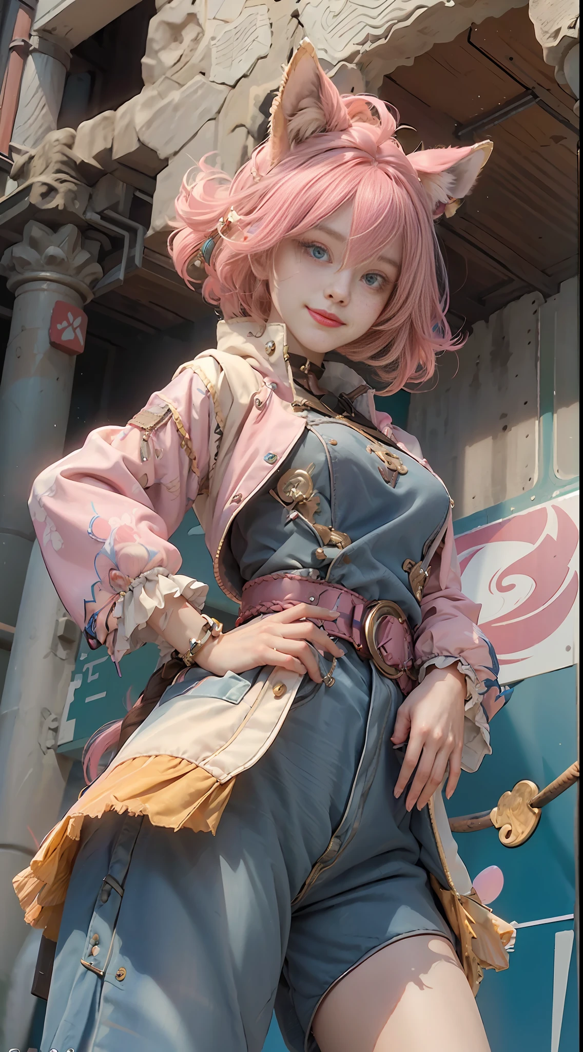 best quality, masterpiece, 1 girl, 1 boy, (((from below))) , NSFW, 1.5), girl ride, penetrate, ((gender: 1.2)), cowgirl, cowgirl, corneo_cowgirl, brunette hair, (evil smile), very short hair, (undercut: 1.3), black eyeshadow, collar, (belt), BDSM, (animal ears), straight up, upper body, braid, headband, pink hair, multicolored hair, delicate eyes, golden eyes, open coat, blue coat, bangs, looking at the audience, blushing, standing, hood, long sleeves, faint smile,
