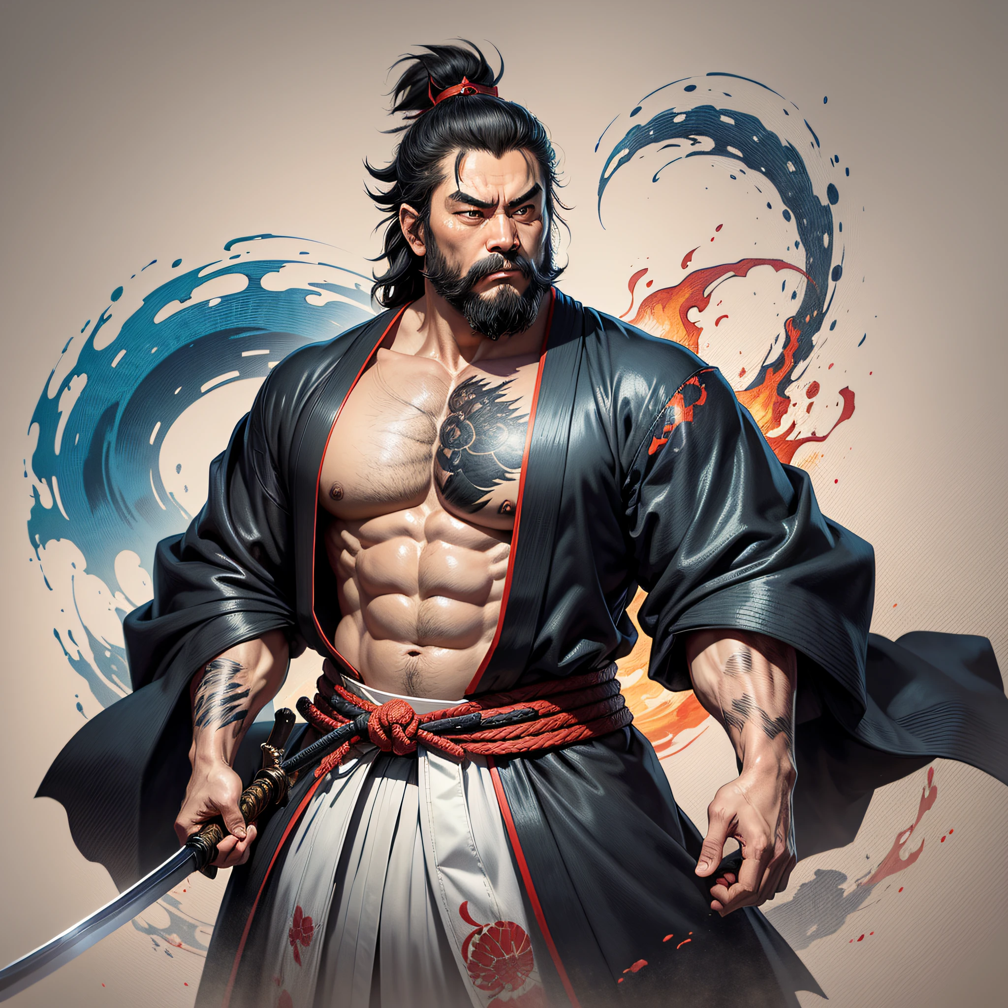 It is a full-body painting with natural colors in the style of ukiyo-e. Miyamoto Musashi is a Japan samurai with a large body like a strongman. He has a rough face, short black hair, and a short, trimmed beard. He is a righteous samurai who fights evil. He wears a black kimono. The hakama should be a little longer and draw in a flowing shape that flutters in the wind. He holds a sword in his right hand with flames coming out of his Japan sword. The background is a swirling flame in Katsushika Hokusai style. Masterpiece high-resolution ukiyo-e style, with the highest quality