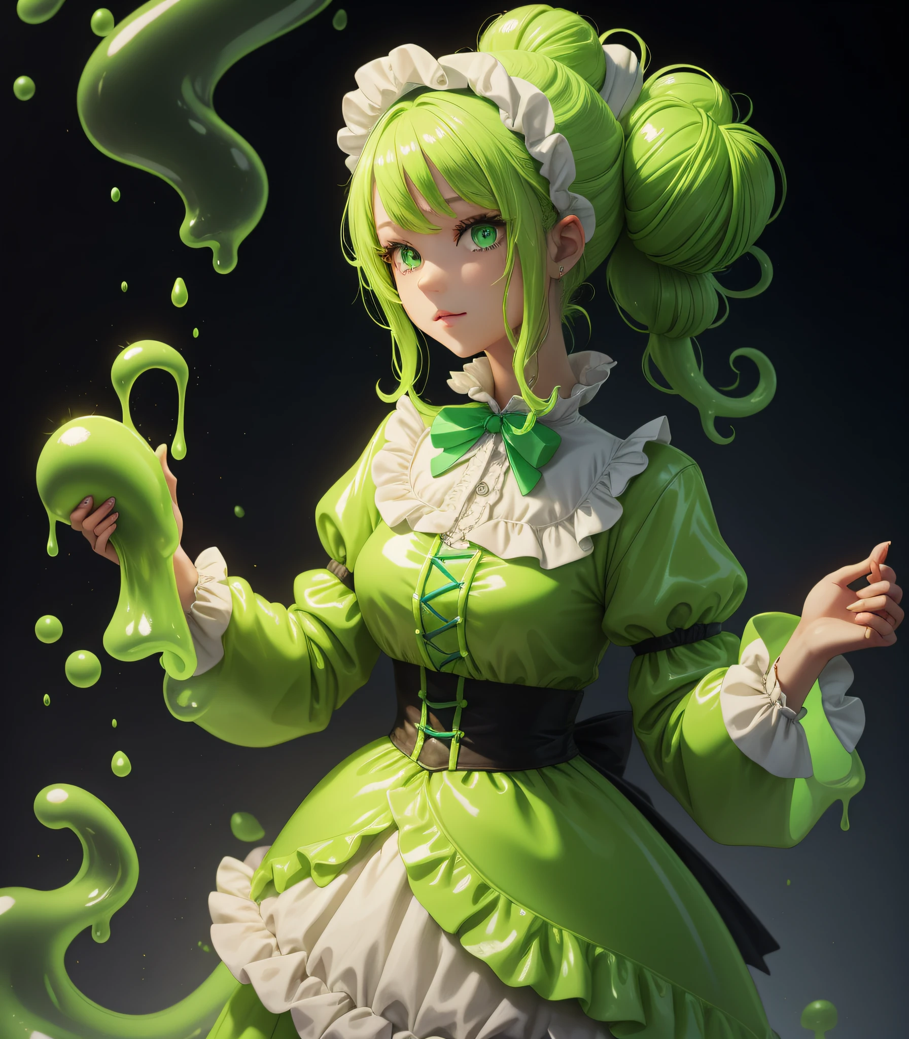 Slime girl, (slime) Slime hair High roll
style, Neon green, wearing 1700's French Outfit, Masterpiece, Best Quality