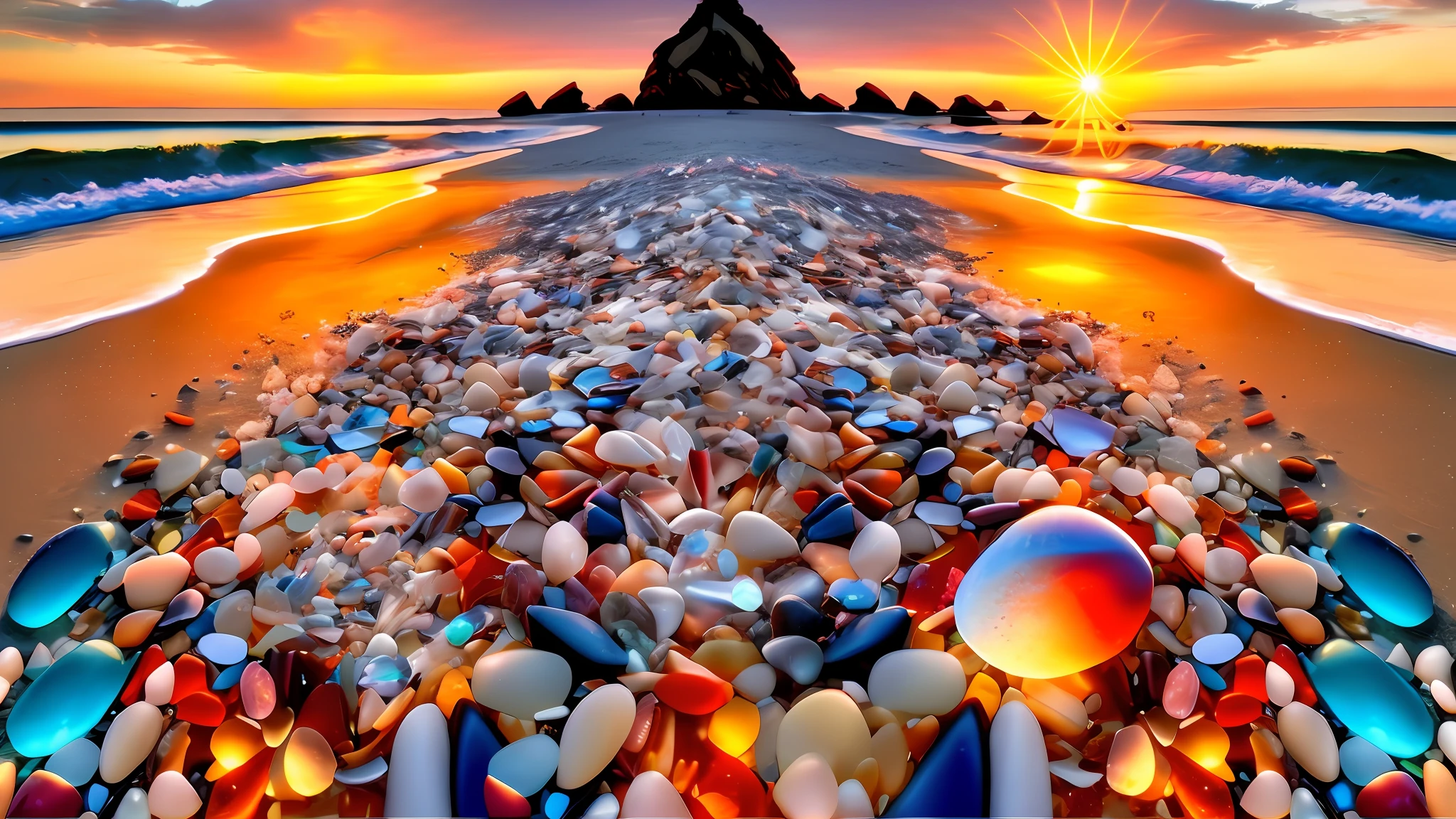 arafed beach with a lot of shells and a sunset, seaglass, sunset sunrise, beautiful composition 3 - d 4 k, colorful hd picure, breathtaking composition, extraordinary colorful landscape, breathtaking colors, wallpaper - 1 0 2 4, amazing depth, magical beach, beach surreal photography, amazing composition, details and vivid colors, seashore, amazing wallpaper