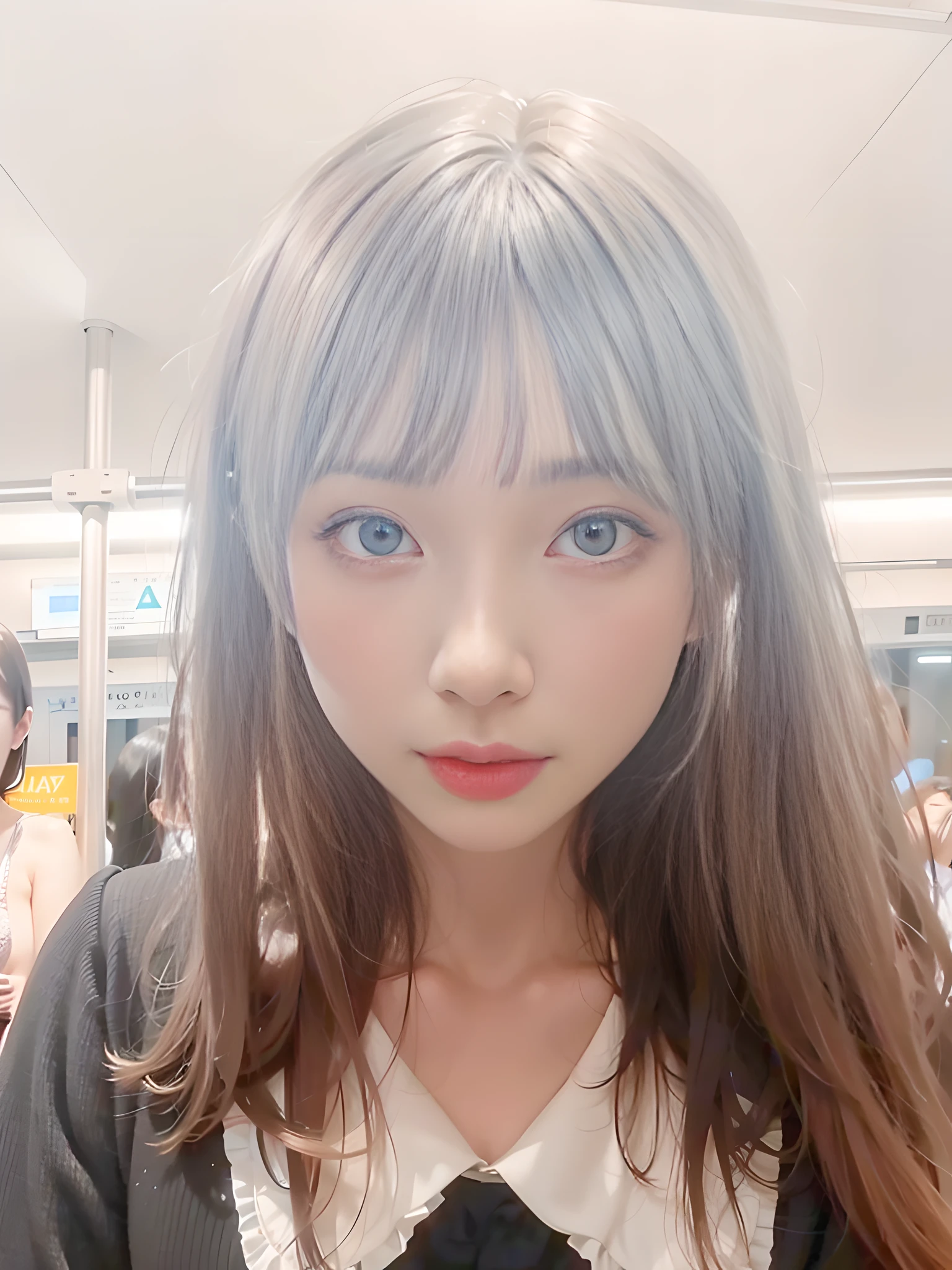 There is no one in the background, only subway windows