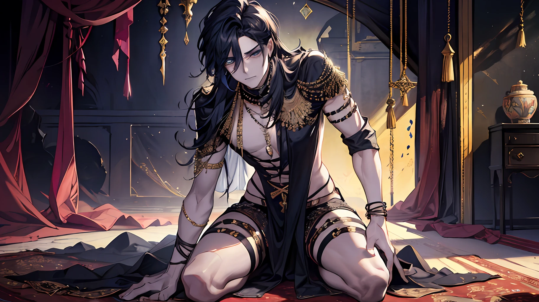 Black Skin, No Top, Young Men, 1boy, Male, Manly, Prince of Persia, Leaky Waist, Jewelry, Brilliant, Long Curly Hair, Black Hair, Dark Skin, Emerald Eyes, Golden Waist Chain, Armband, Thin Waist, Bare Leg, Barefoot, Anklet, Bracelet, Bracelet, Ring, Dynamic Pose, Dramatic Composition, Carpet, Wounded, Battle Damage, Bleeding from the Corners of the Mouth, Kneeling, Carpet, Chains, Collar, Cage, Blushing, Tears, Panting
