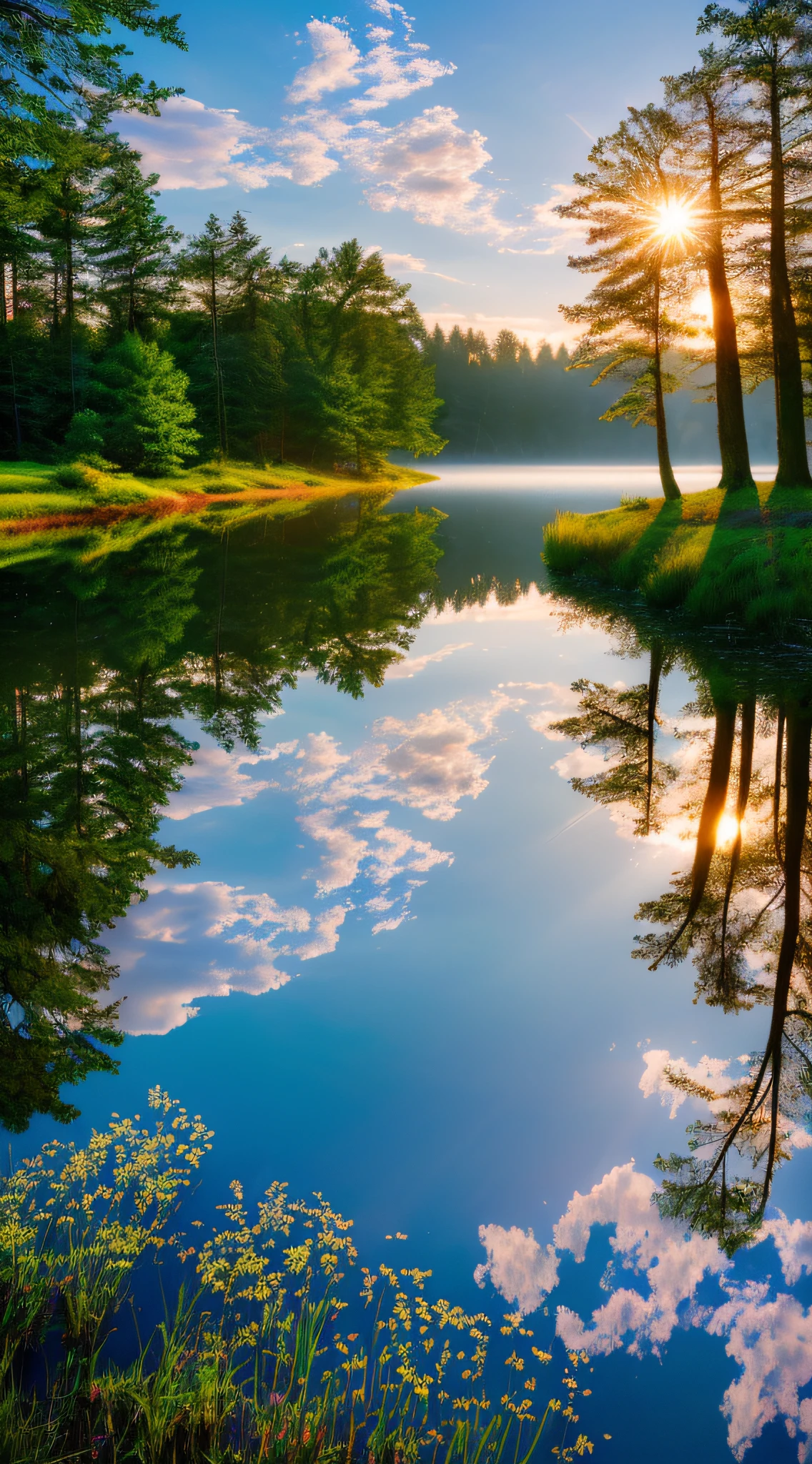 Wallpaper, summer, lake, dawn, forest, clouds, dawn background, depth of field, HD detail, hyperdetail, cinematic, soft light, deep field focus bokeh, ray tracing, diffuse (ultra-fine glass reflection) and realism. --v6