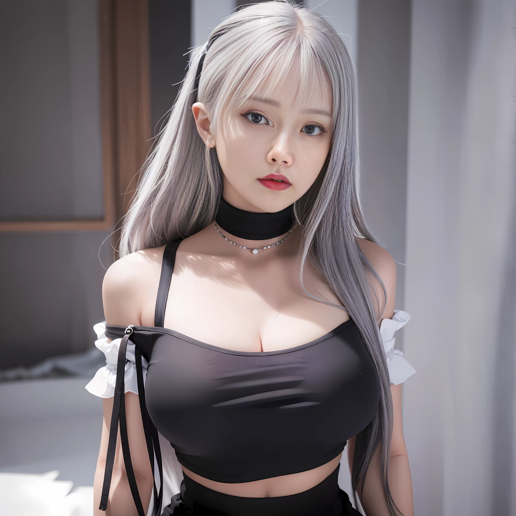 best quality, ultra high res, (photorealistic:1.4), 1girl, off-shoulder white shirt, black tight skirt, black choker, (faded ash gray hair:1), (huge breasts:1.2), looking at viewer, closeup