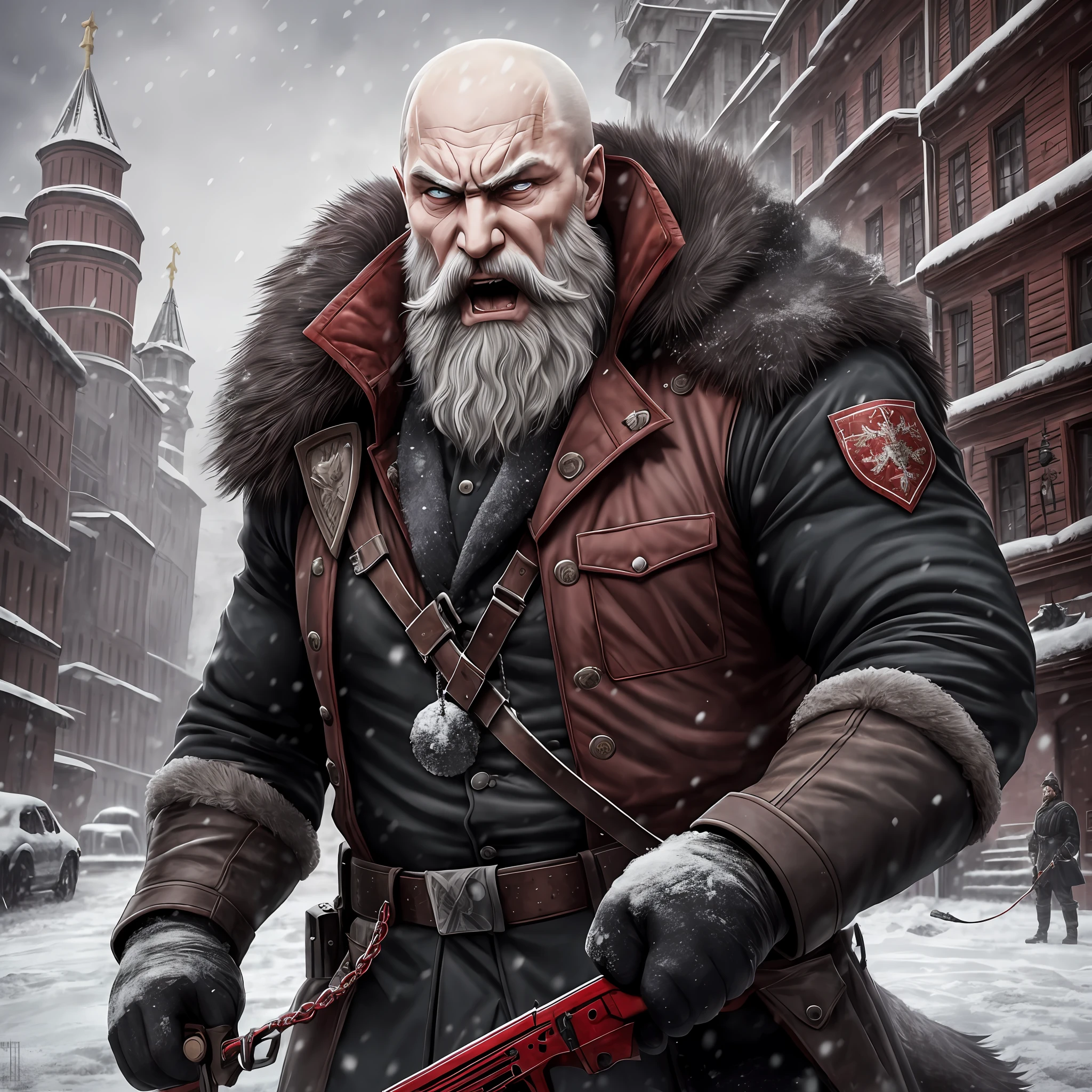 Russian, Vladimir Putin, Tall, Uniform, Shaved Head, Beard, Angry, Screaming
red eyes without pupil, Holding a rifle in the snow, with a big wolf on a leash, dark colors, old buildings, apocalyptic powder,Realistic, Full HD, best quality