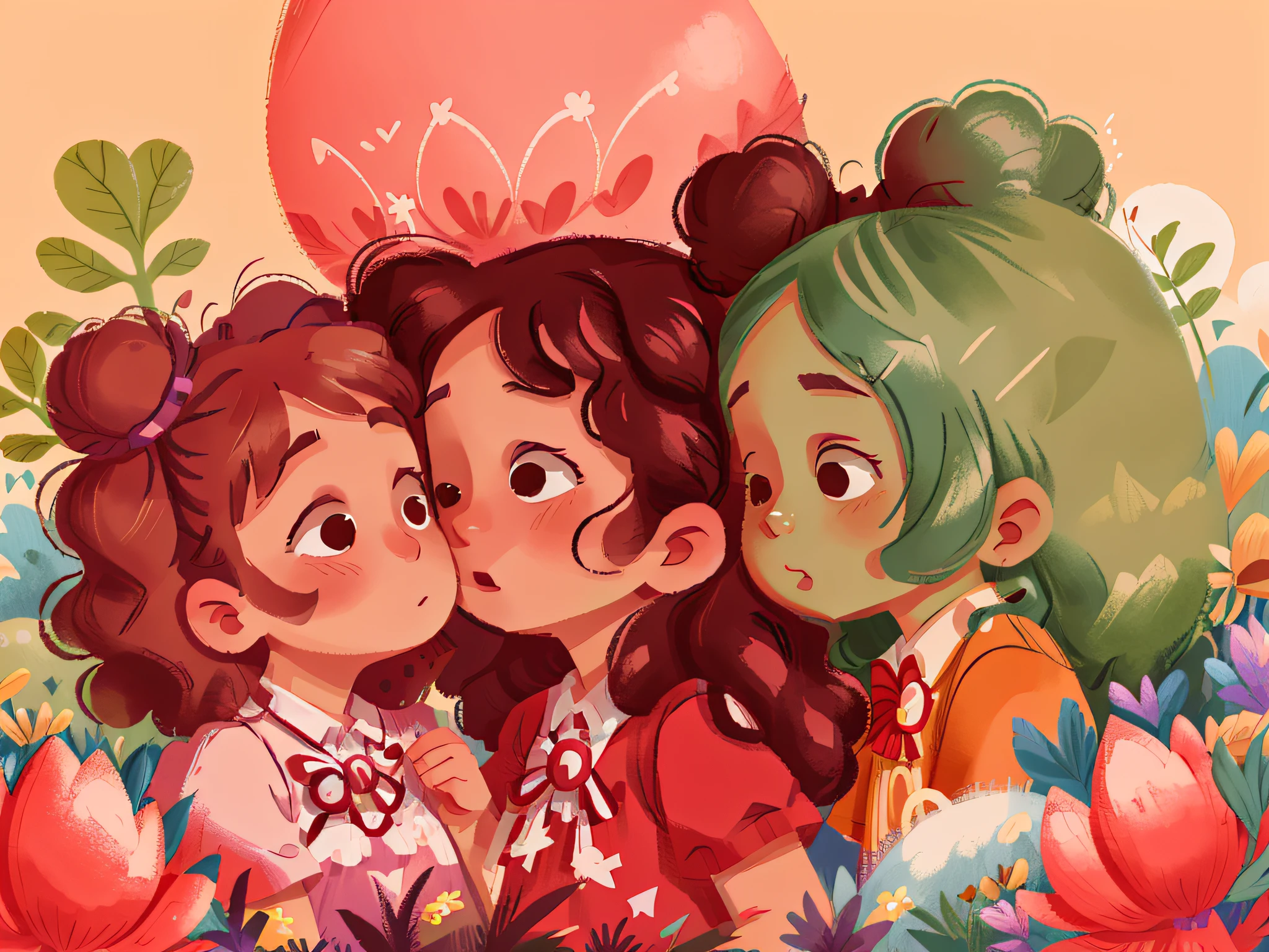 Two twin girls curly brown hair, Livia kisses her mother on the right cheek and Lavinia kisses her mother on the right cheek both at the same time.