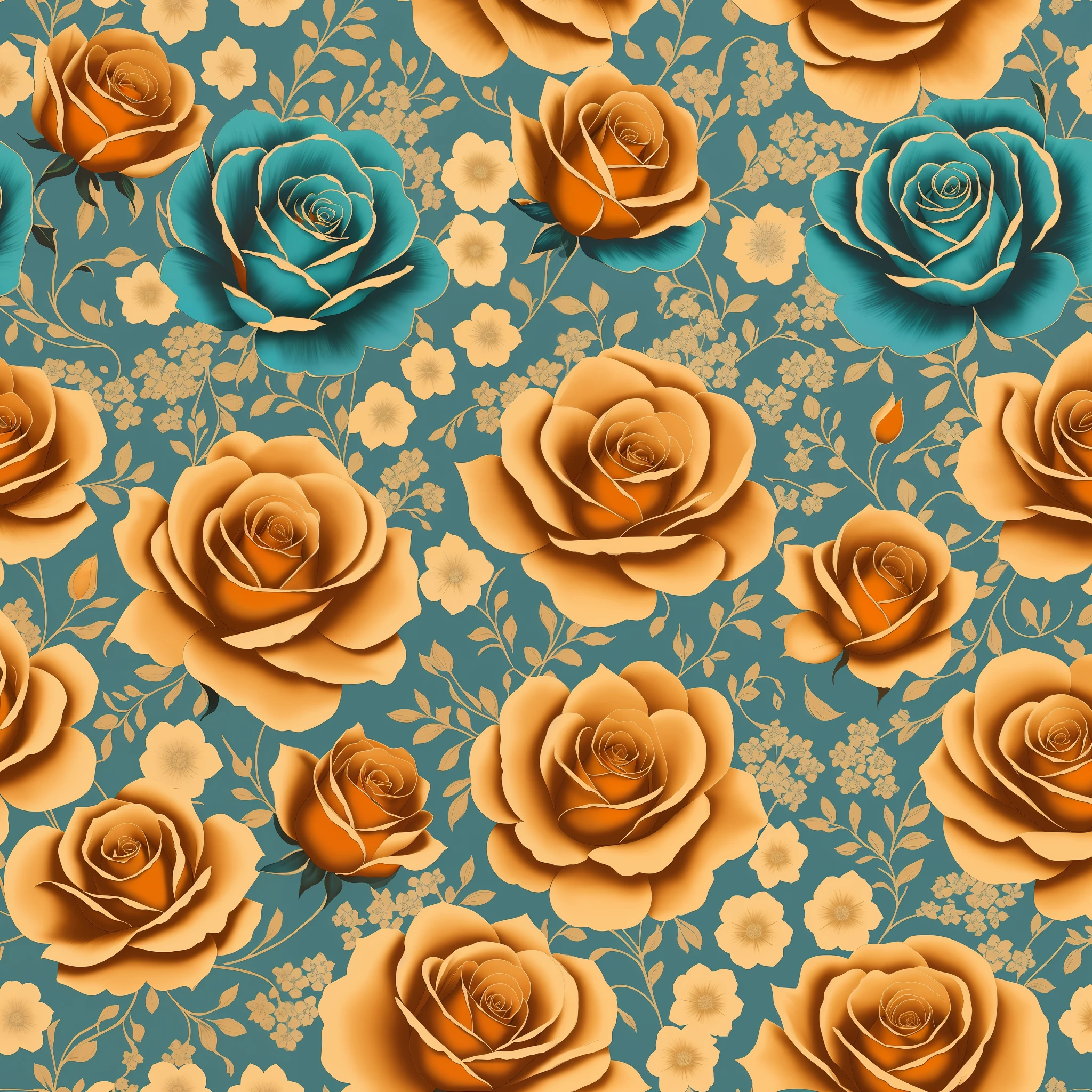 Elegant Vintage Flower Pattern, (use colours Deep Blue, Ocean Teal, Muted Gold, Soft Orange, Burnt Sienna), oil painted, roses, Scrapbook paper, uplighted, pale background, high contrast, bright beautiful colors, diagonal alignment, seamless pattern --auto --s2