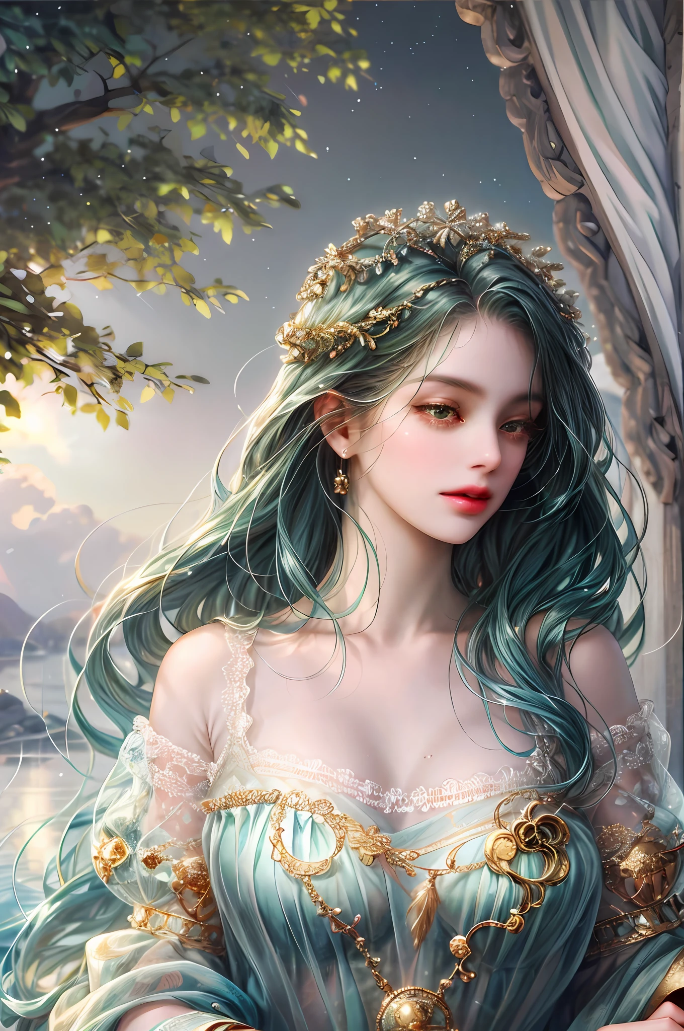 ( High quality , ultra detailed, careful with hand )Zodiac - Virgo goddess , similar to latin goodness , Efficient, industrious, calm, altruistic, adaptable face , Highly sensitive, over-critical, materialistic style , deep brown eyes (eyes detail) , mist-green hair , transparent dress , in the ocean with trees and flowers , whole body , make up look , like a earth goddess.