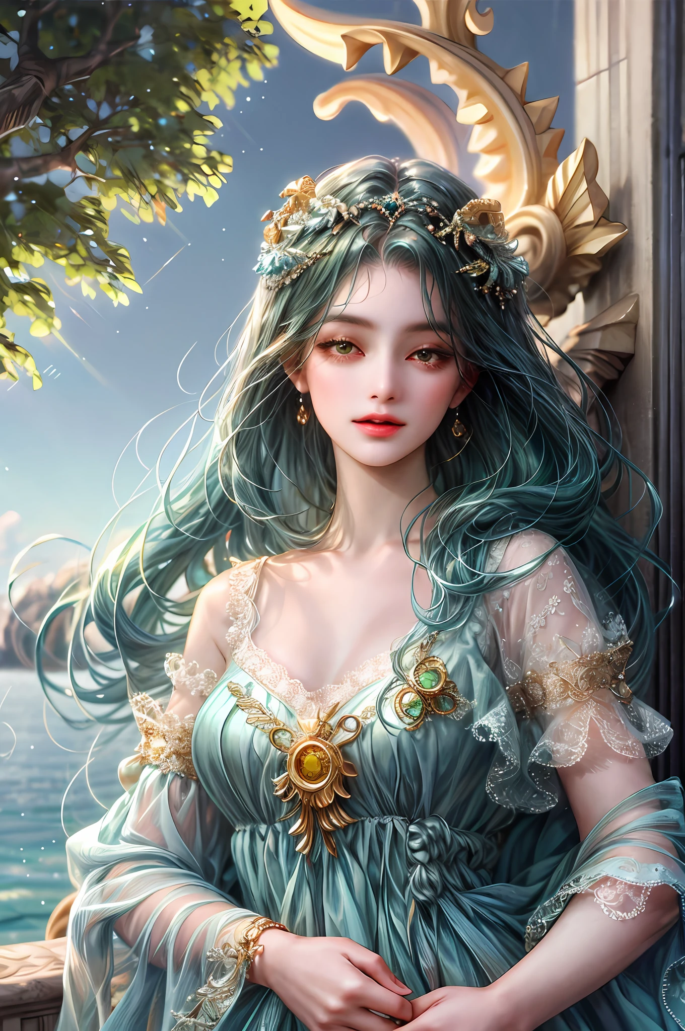 ( High quality , ultra detailed, careful with hand )Zodiac - Virgo goddess , similar to latin goodness , Efficient, industrious, calm, altruistic, adaptable face , Highly sensitive, over-critical, materialistic style , deep brown eyes (eyes detail) , mist-green hair , transparent dress , in the ocean with trees and flowers , whole body , make up look , like a earth goddess.